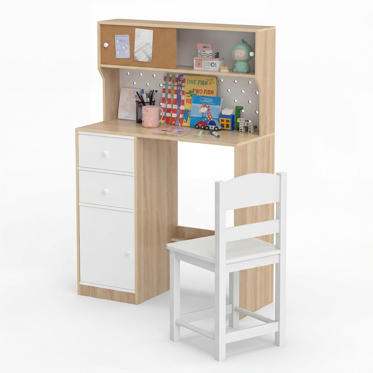 Wooden Study Desk and Chair Set with 2 Cabinets and 2 Drawers for 4-7 Years Old Children-Natural-Kids Tables & Chair Sets-DECOROLALA