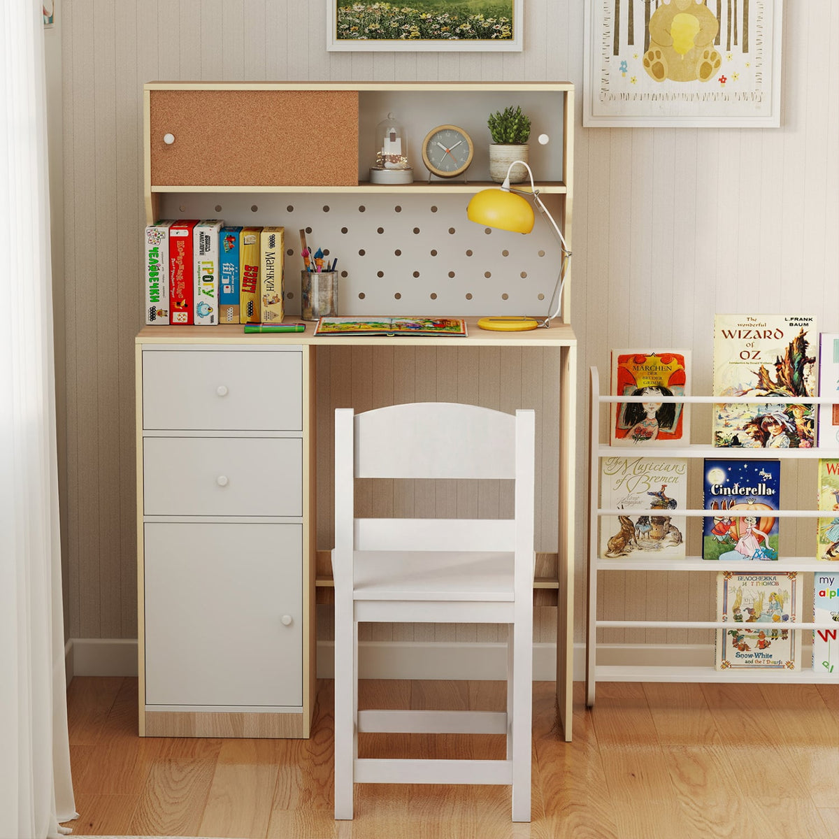 Wooden Study Desk and Chair Set with 2 Cabinets and 2 Drawers for 4-7 Years Old Children-Natural-Kids Tables & Chair Sets-DECOROLALA