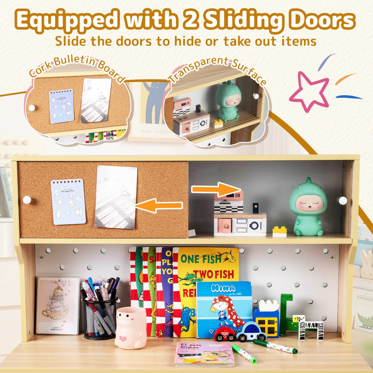 Wooden Study Desk and Chair Set with 2 Cabinets and 2 Drawers for 4-7 Years Old Children-Natural-Kids Tables & Chair Sets-DECOROLALA