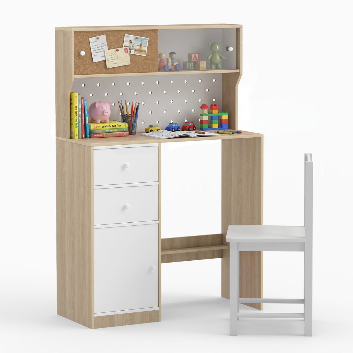 Wooden Study Desk and Chair Set with 2 Cabinets and 2 Drawers for 4-7 Years Old Children-Natural-Kids Tables & Chair Sets-DECOROLALA