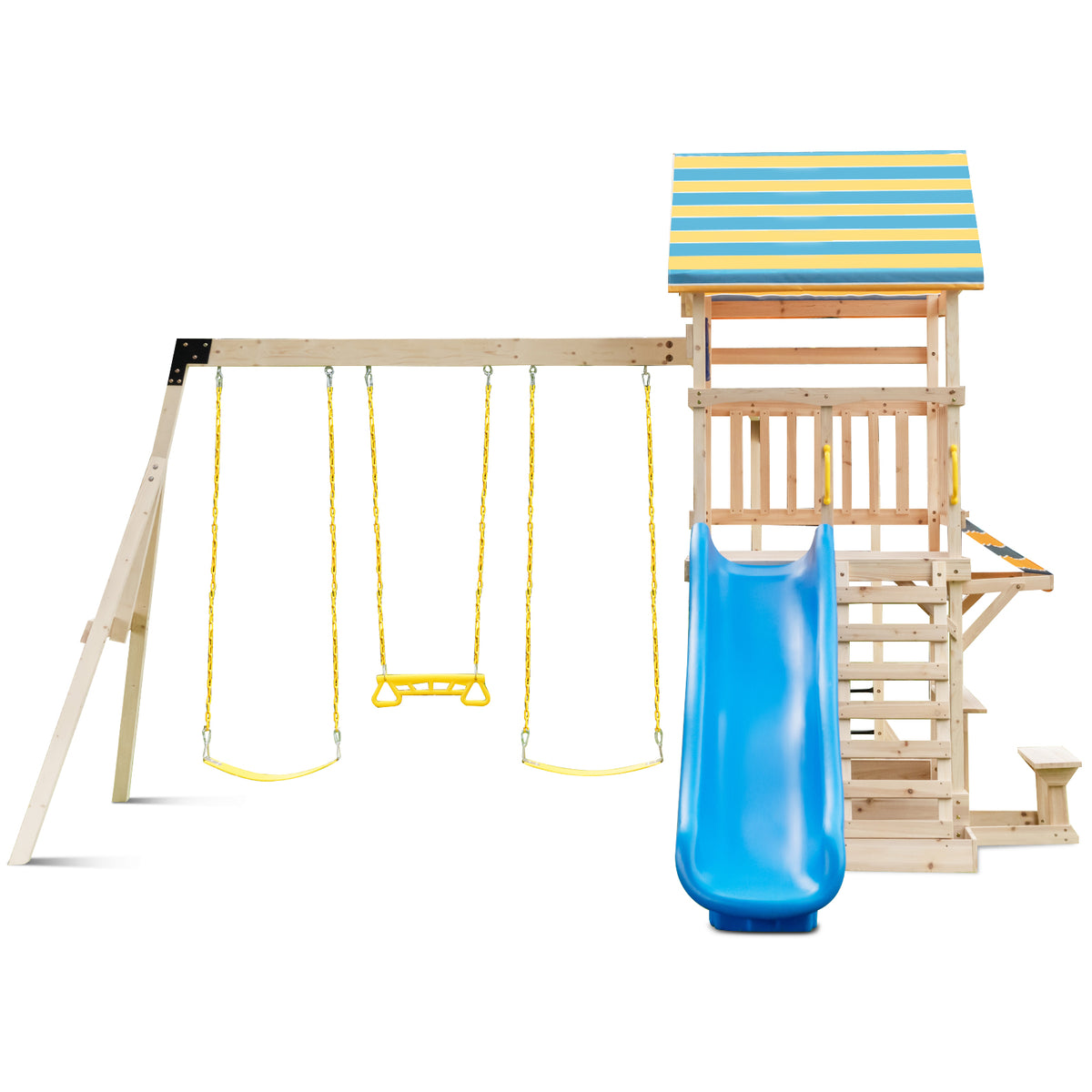 Wooden Swing Set with Slide, Climbing Wall, Monkey Bars & Sandbox-Swing & Playsets-DECOROLALA