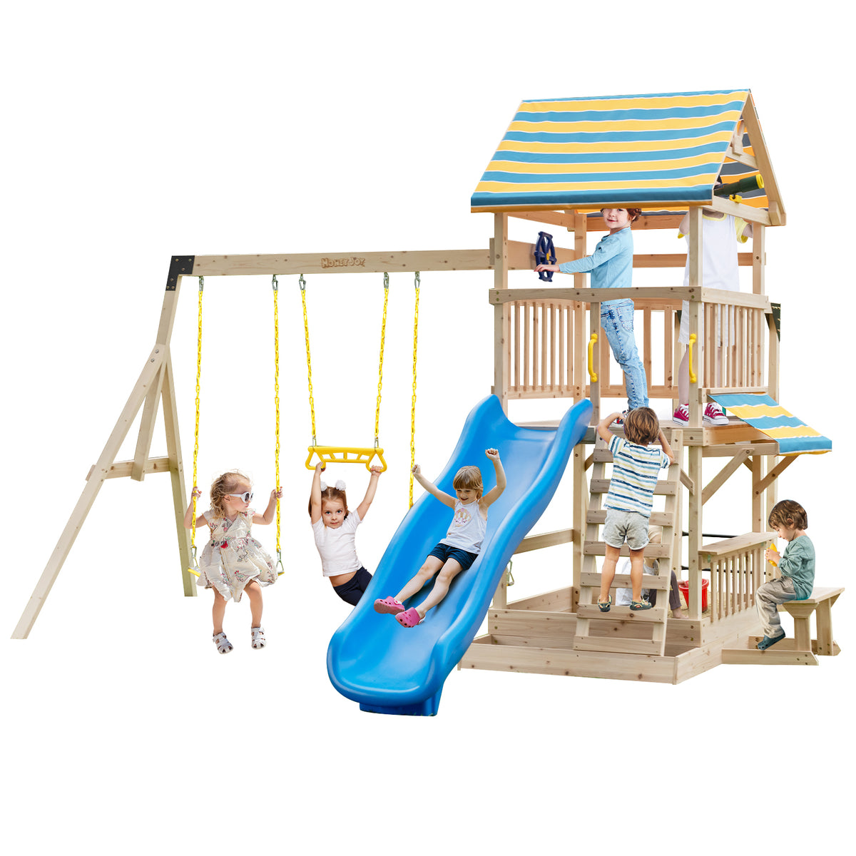 Wooden Swing Set with Slide, Climbing Wall, Monkey Bars & Sandbox-Swing & Playsets-DECOROLALA