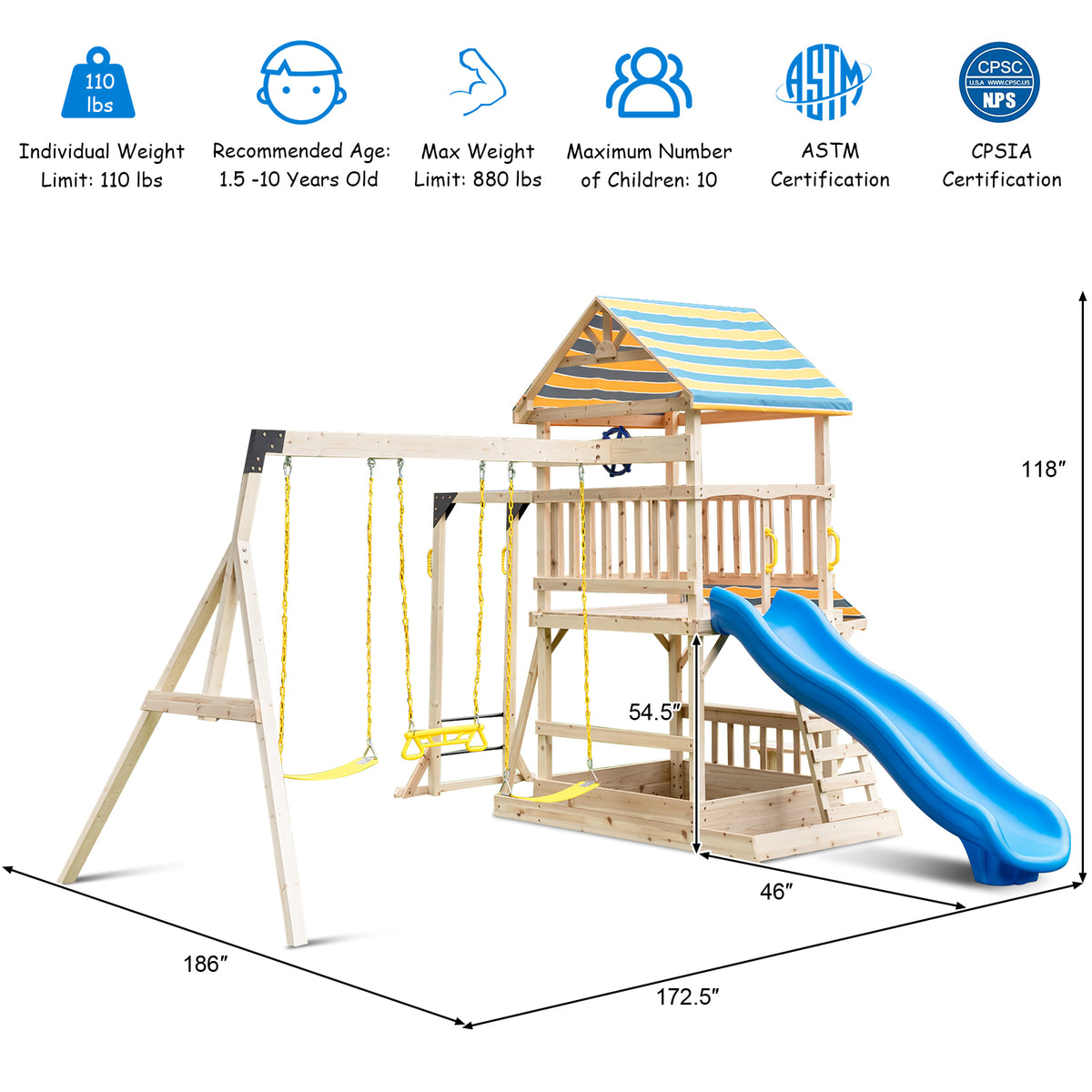 Wooden Swing Set with Slide, Climbing Wall, Monkey Bars & Sandbox-Swing & Playsets-DECOROLALA