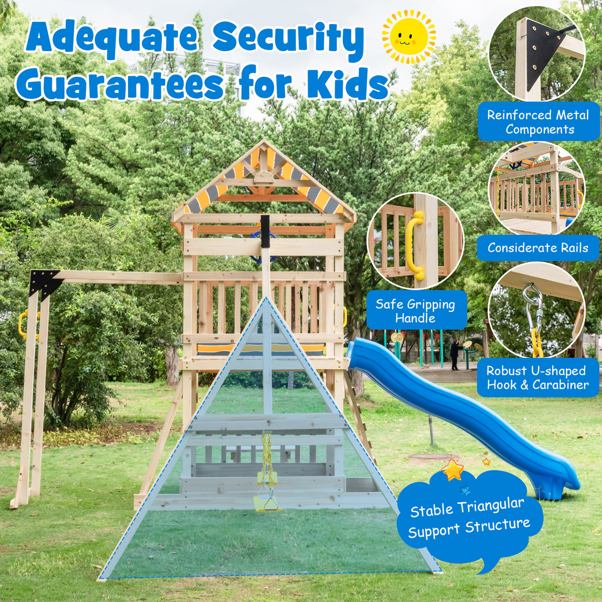 Wooden Swing Set with Slide, Climbing Wall, Monkey Bars & Sandbox-Swing & Playsets-DECOROLALA