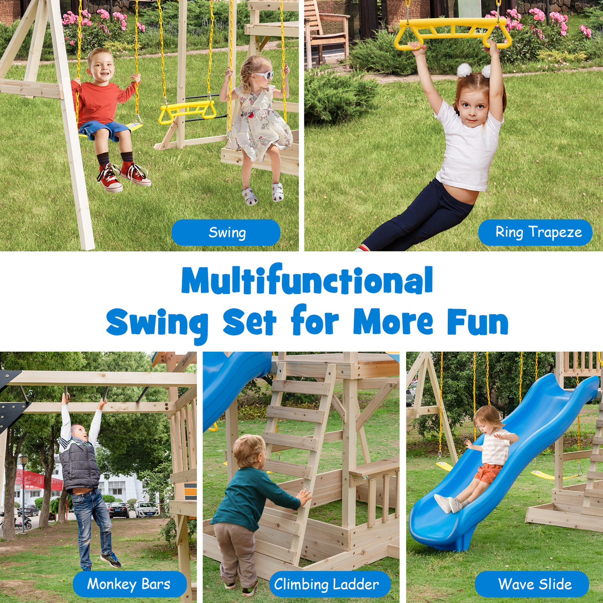 Wooden Swing Set with Slide, Climbing Wall, Monkey Bars & Sandbox-Swing & Playsets-DECOROLALA