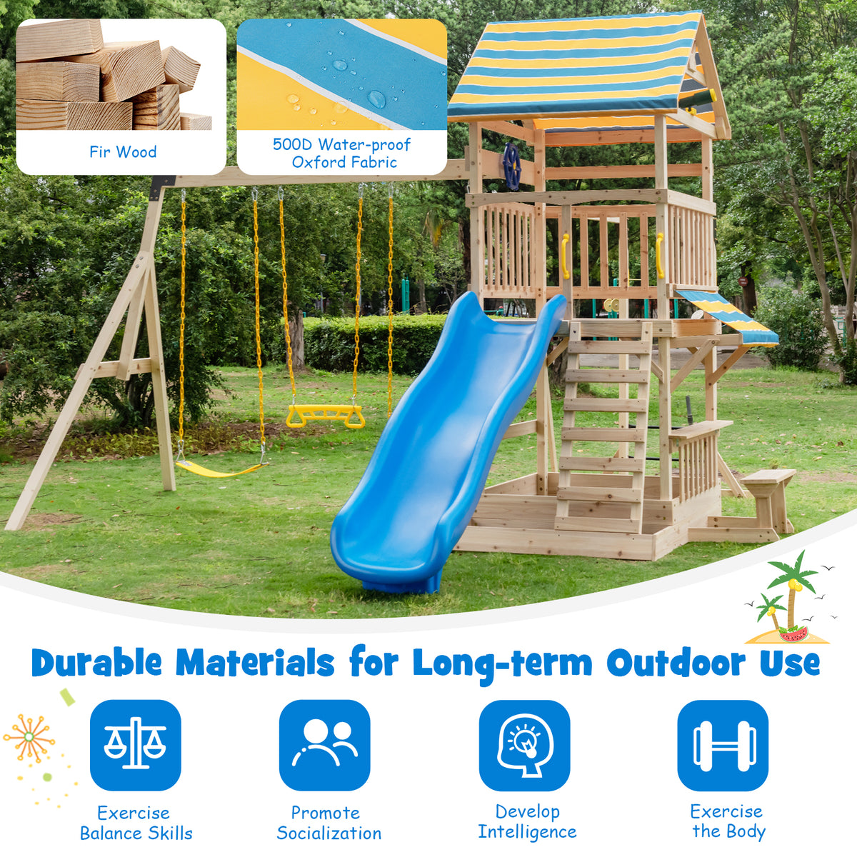 Wooden Swing Set with Slide, Climbing Wall, Monkey Bars & Sandbox-Swing & Playsets-DECOROLALA