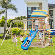 Wooden Swing Set with Slide, Climbing Wall, Monkey Bars & Sandbox-Swing & Playsets-DECOROLALA