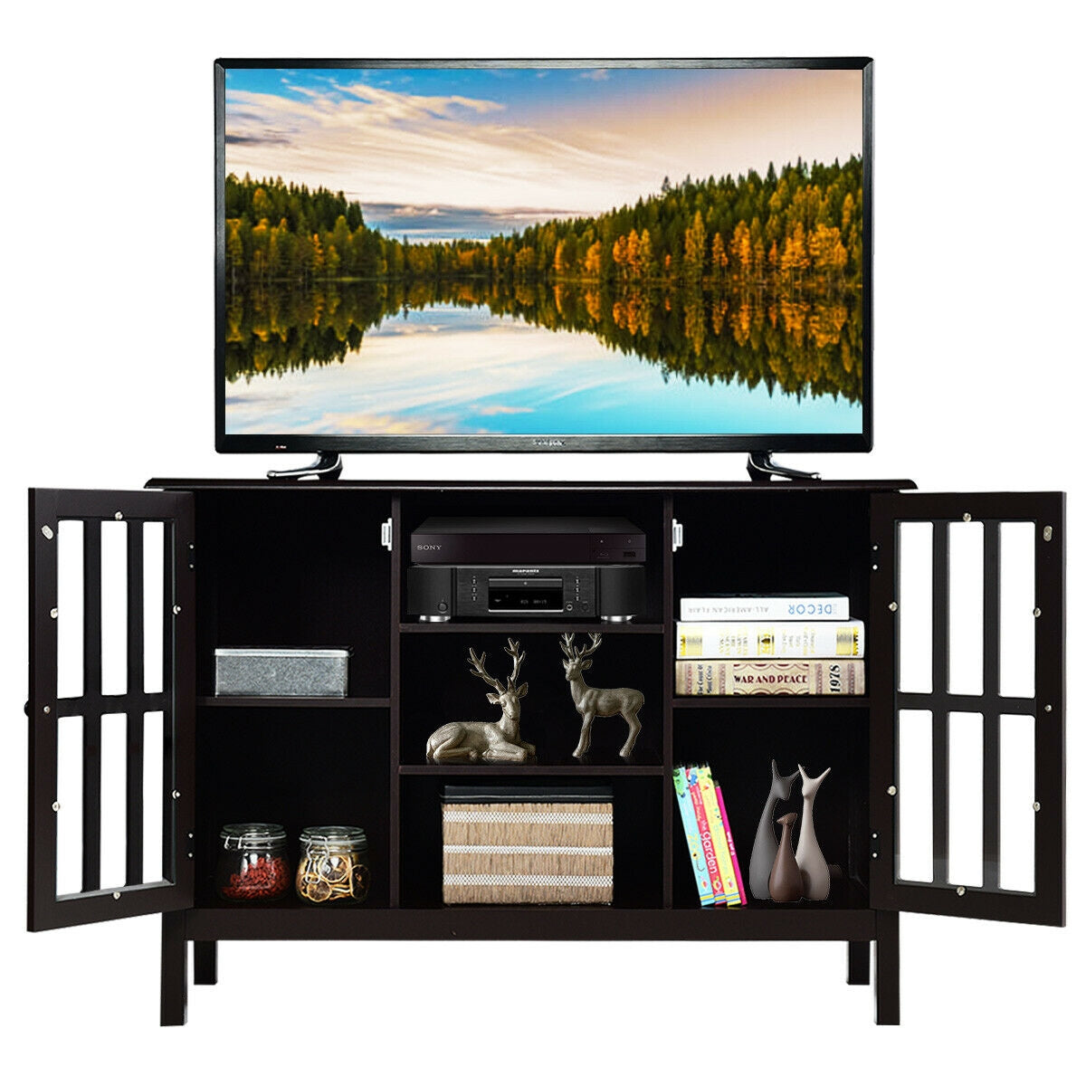 Wooden TV Stand Console Cabinet for 50 Inch TV-Brown-Entertainment Centers & TV Stands-DECOROLALA