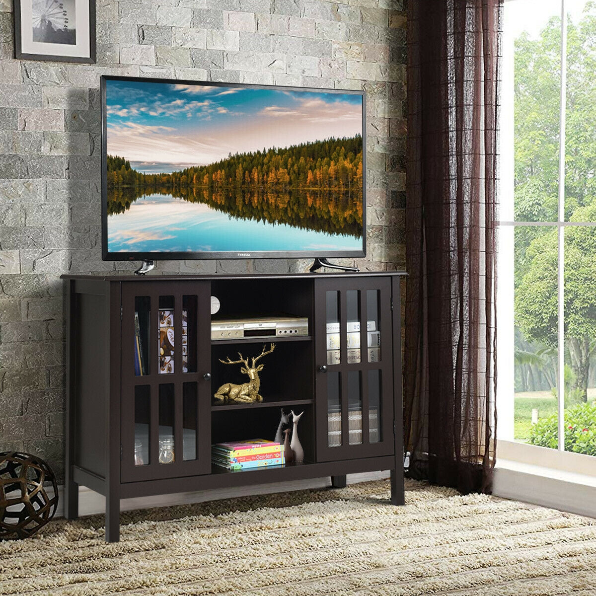 Wooden TV Stand Console Cabinet for 50 Inch TV-Brown-Entertainment Centers & TV Stands-DECOROLALA