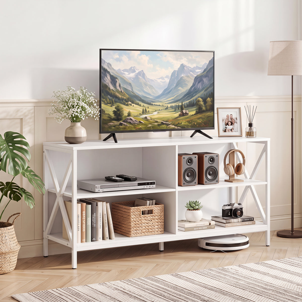 Wooden TV Stand Entertainment for TVs up to 55 Inch with X-Shaped Frame-White-Entertainment Centers & TV Stands-DECOROLALA