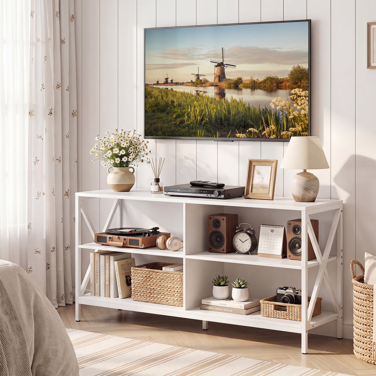 Wooden TV Stand Entertainment for TVs up to 55 Inch with X-Shaped Frame-White-Entertainment Centers & TV Stands-DECOROLALA