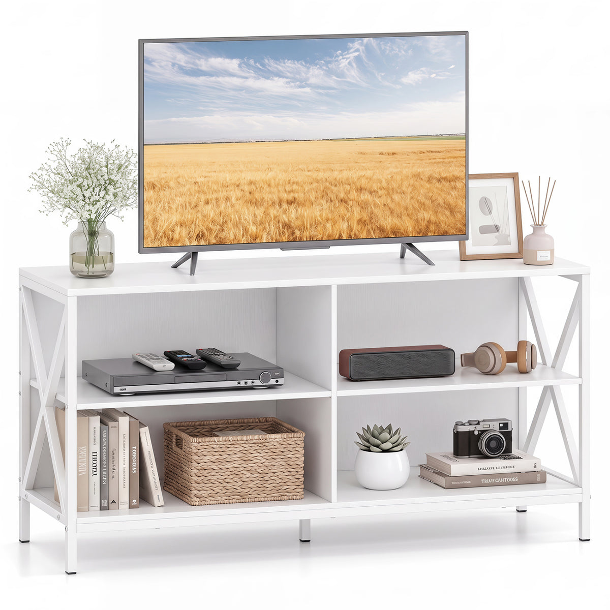 Wooden TV Stand Entertainment for TVs up to 55 Inch with X-Shaped Frame-White-Entertainment Centers & TV Stands-DECOROLALA