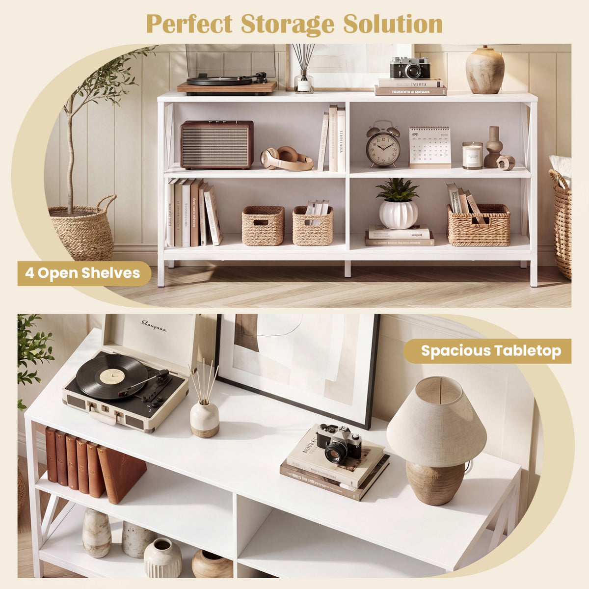 Wooden TV Stand Entertainment for TVs up to 55 Inch with X-Shaped Frame-White-Entertainment Centers & TV Stands-DECOROLALA