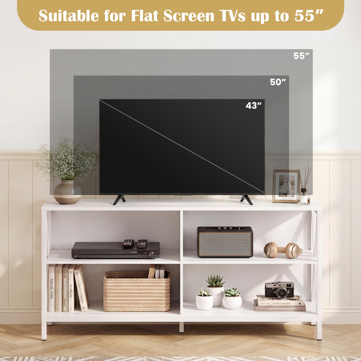 Wooden TV Stand Entertainment for TVs up to 55 Inch with X-Shaped Frame-White-Entertainment Centers & TV Stands-DECOROLALA