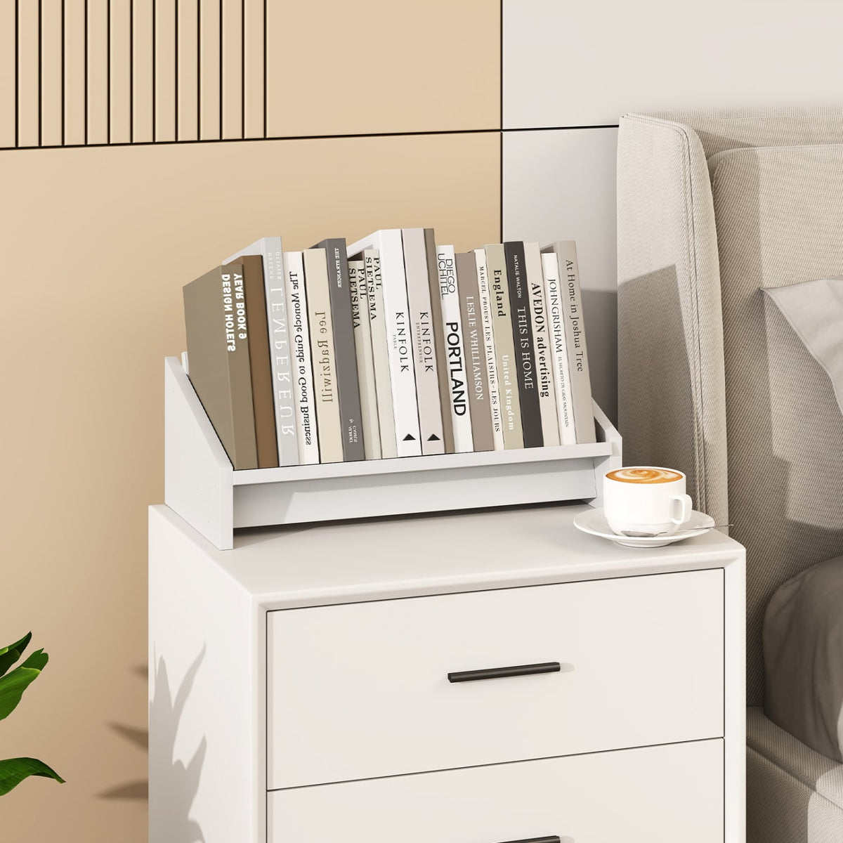 Wooden Tilting Bookcase Small Desktop Bookshelf Organizer for Magazines-White-Bookcases-DECOROLALA