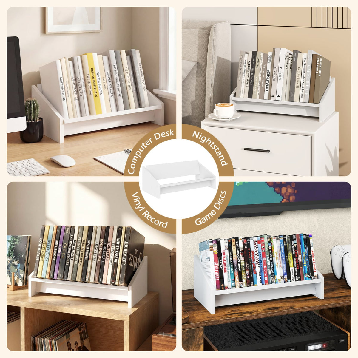 Wooden Tilting Bookcase Small Desktop Bookshelf Organizer for Magazines-White-Bookcases-DECOROLALA