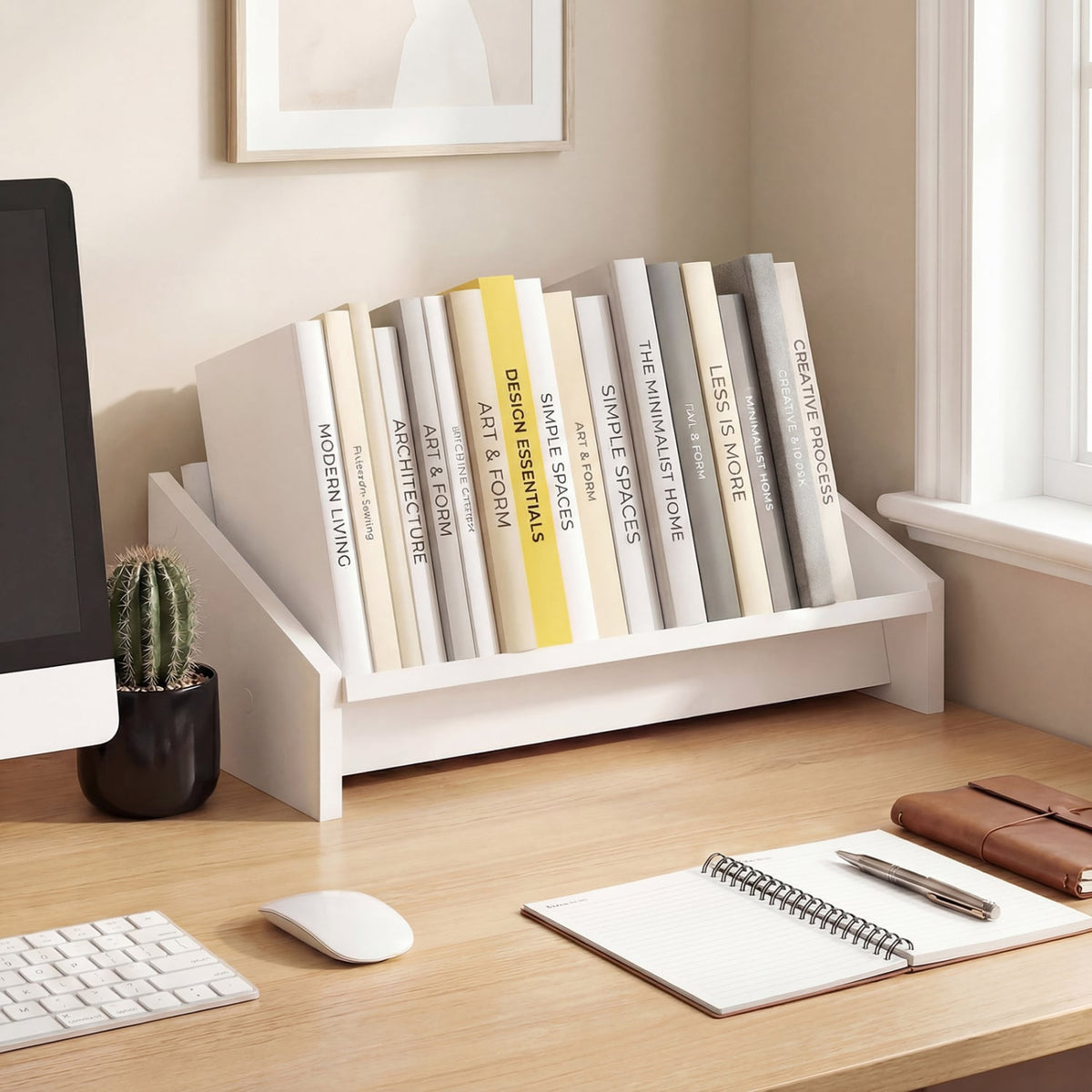 Wooden Tilting Bookcase Small Desktop Bookshelf Organizer for Magazines-White-Bookcases-DECOROLALA