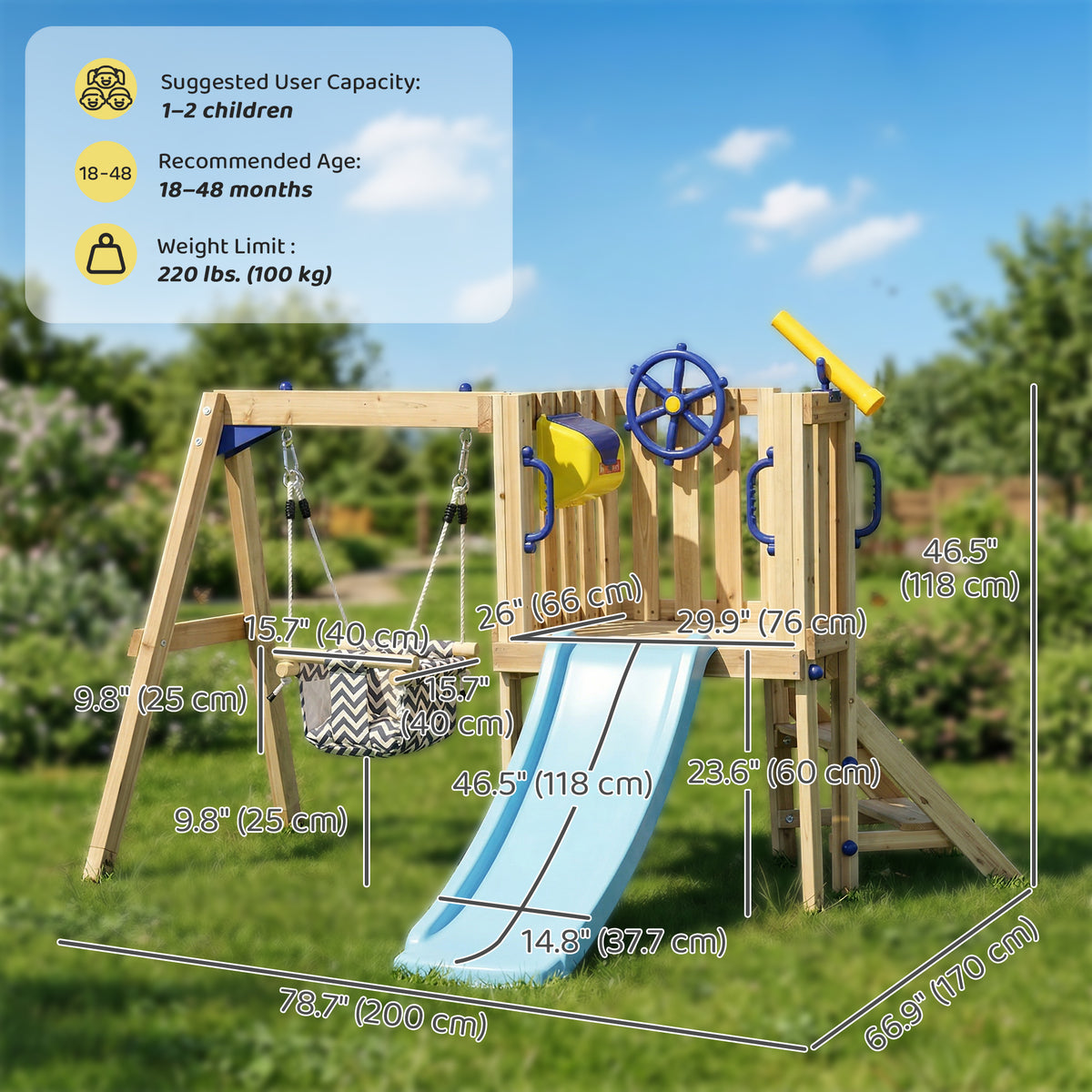 Wooden Kids Swing Set with Slide, Swing Seat, Captain's Wheel, Telescope, for Ages 18-48 Months, Natural-Toys & Games > Kids Outdoor Play > Gym Sets & Swings-DECOROLALA