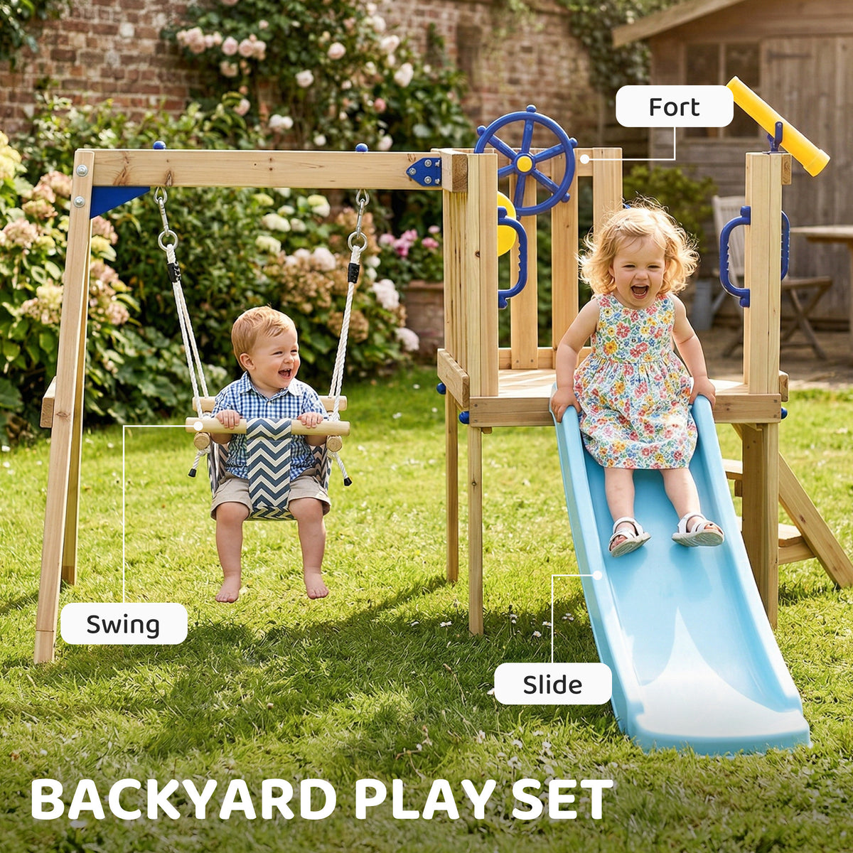 Wooden Toddler Swing Set with Slide and Fort - Natural-Toys & Games > Kids Outdoor Play > Gym Sets & Swings-DECOROLALA