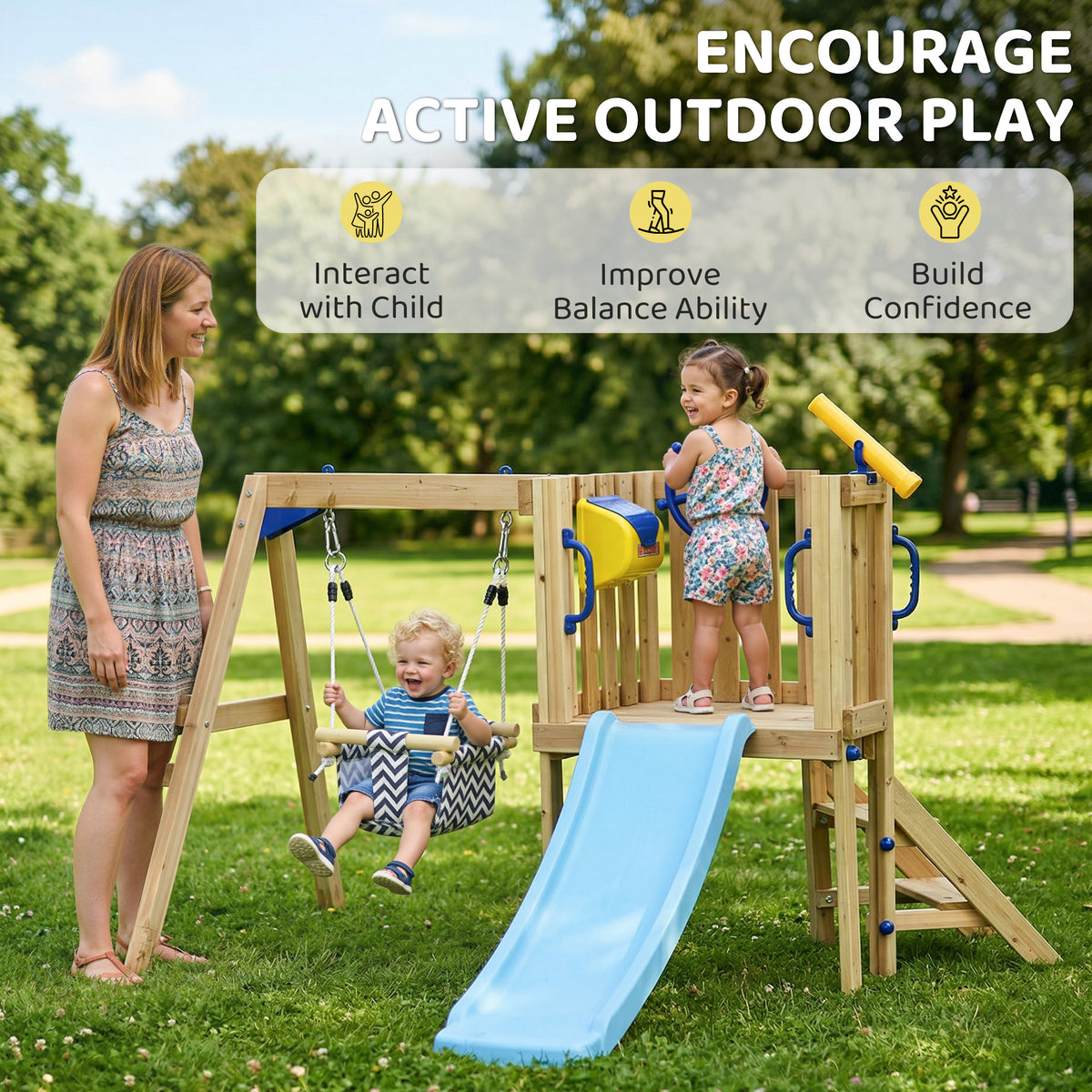 Wooden Toddler Swing Set with Slide and Fort - Natural-Toys & Games > Kids Outdoor Play > Gym Sets & Swings-DECOROLALA