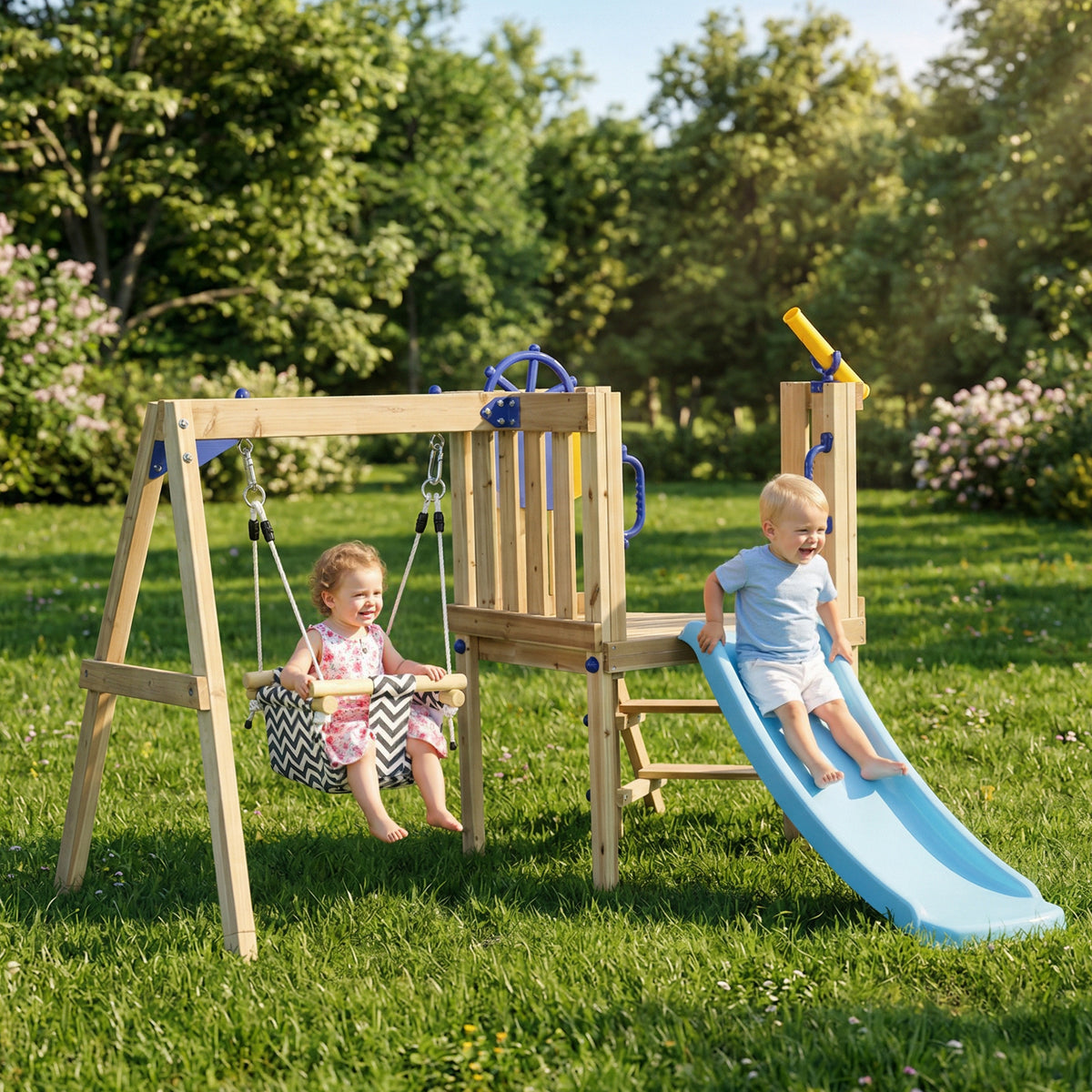 Wooden Toddler Swing Set with Slide and Fort - Natural-Toys & Games > Kids Outdoor Play > Gym Sets & Swings-DECOROLALA