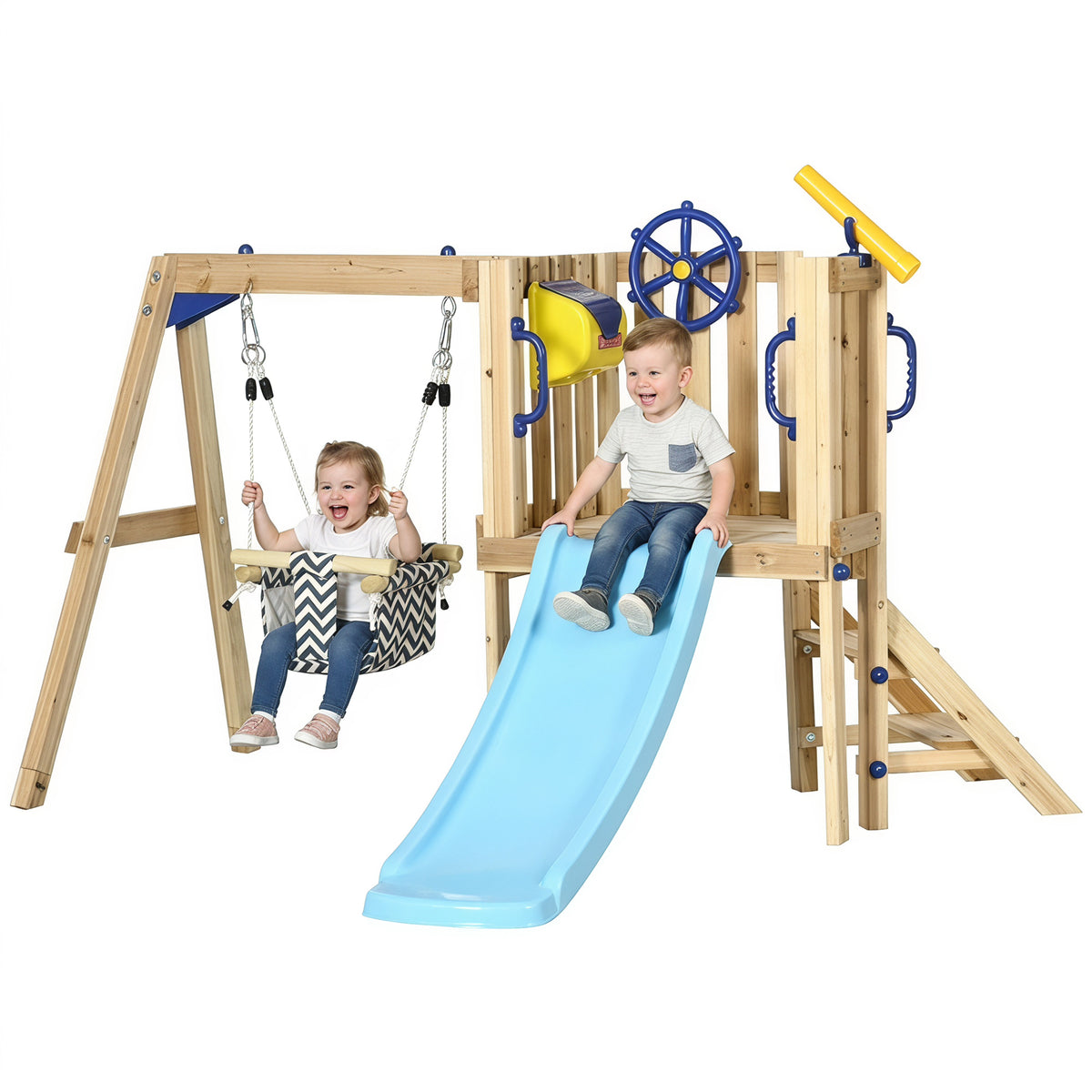 Wooden Kids Swing Set with Slide, Swing Seat, Captain's Wheel, Telescope, for Ages 18-48 Months, Natural-Toys & Games > Kids Outdoor Play > Gym Sets & Swings-DECOROLALA