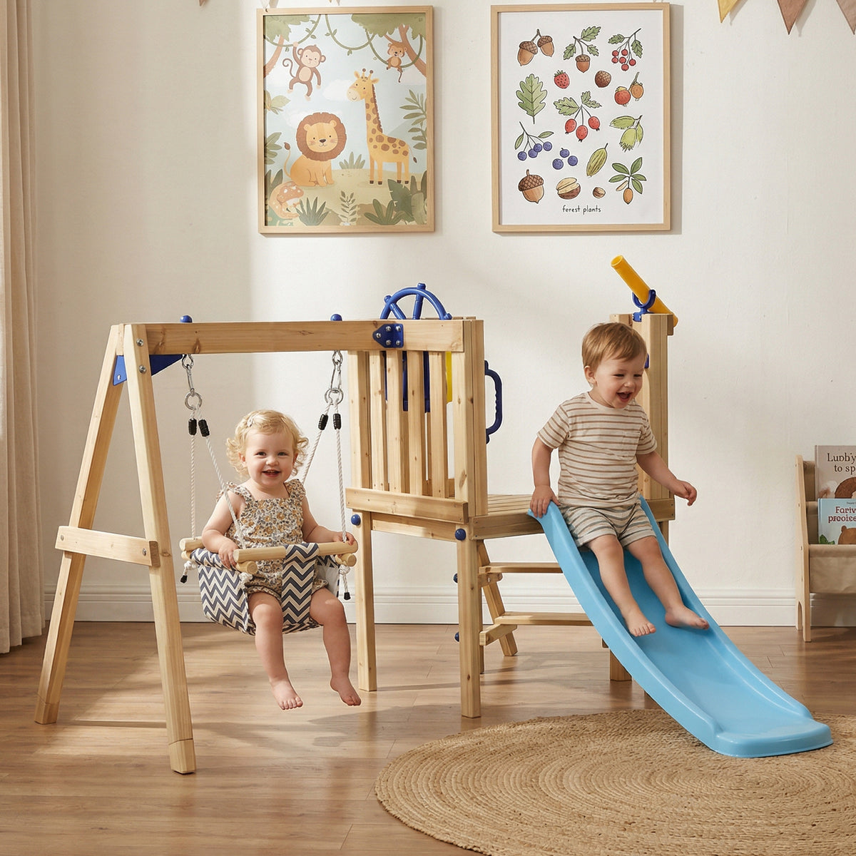 Wooden Toddler Swing Set with Slide and Fort - Natural-Toys & Games > Kids Outdoor Play > Gym Sets & Swings-DECOROLALA