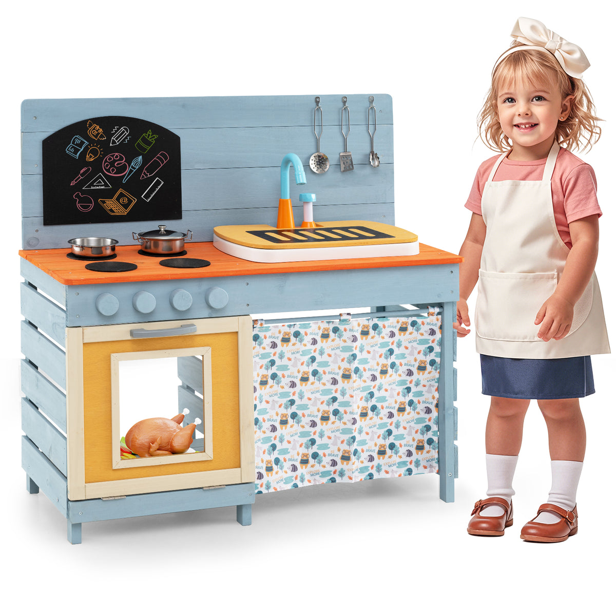 Wooden Toy Kitchen Playset with Circulation Faucet and Accessories-Play Kitchen Sets-DECOROLALA