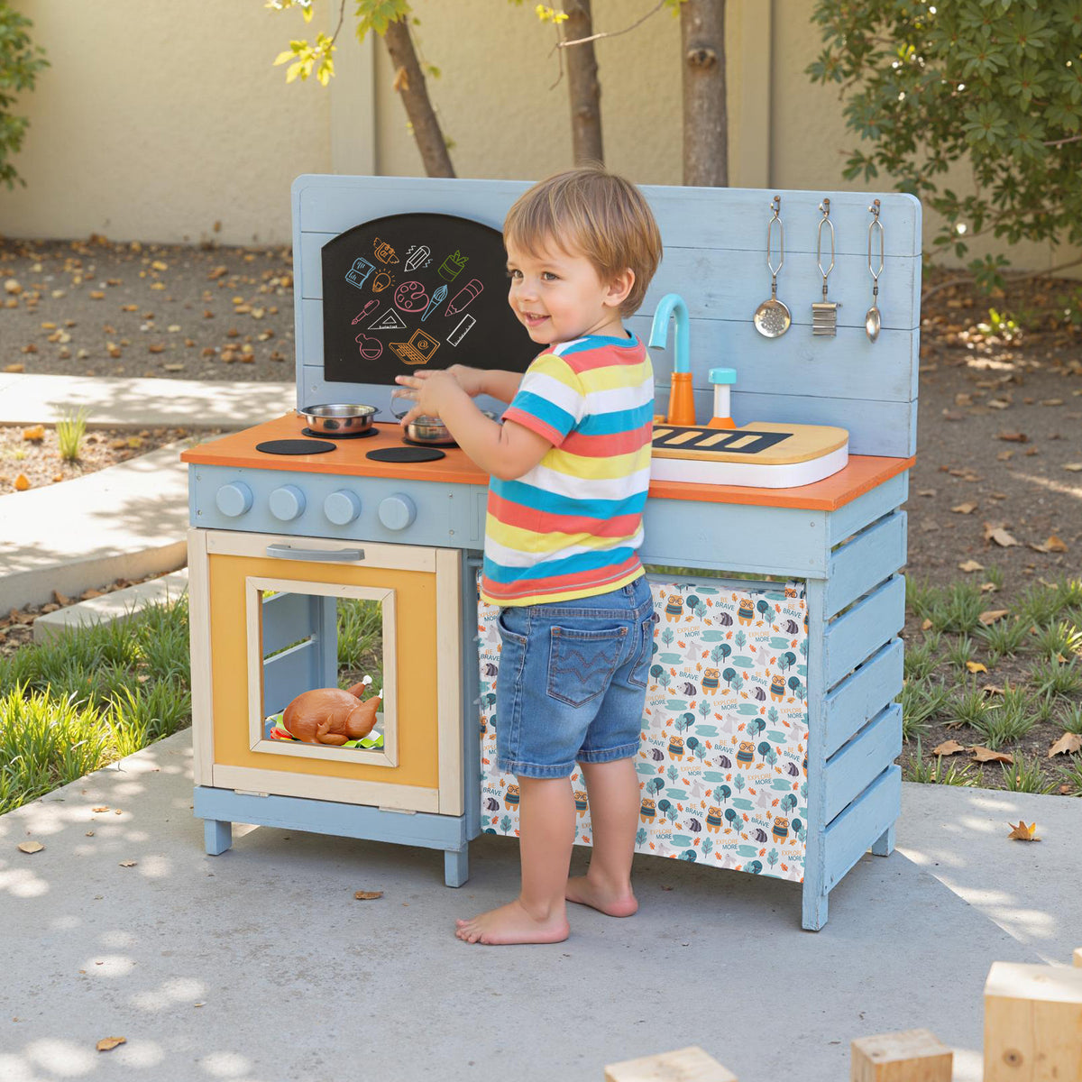 Wooden Toy Kitchen Playset with Circulation Faucet and Accessories-Play Kitchen Sets-DECOROLALA
