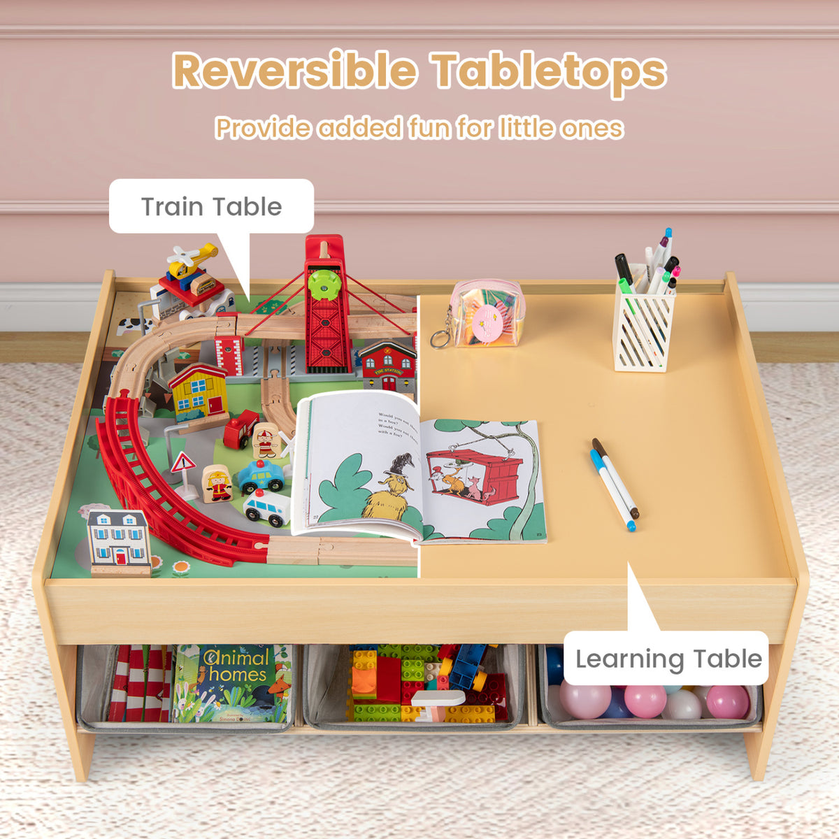 Wooden Train Set Table Kids Multipurpose Activity Play Table with 2 Reversible Tabletops