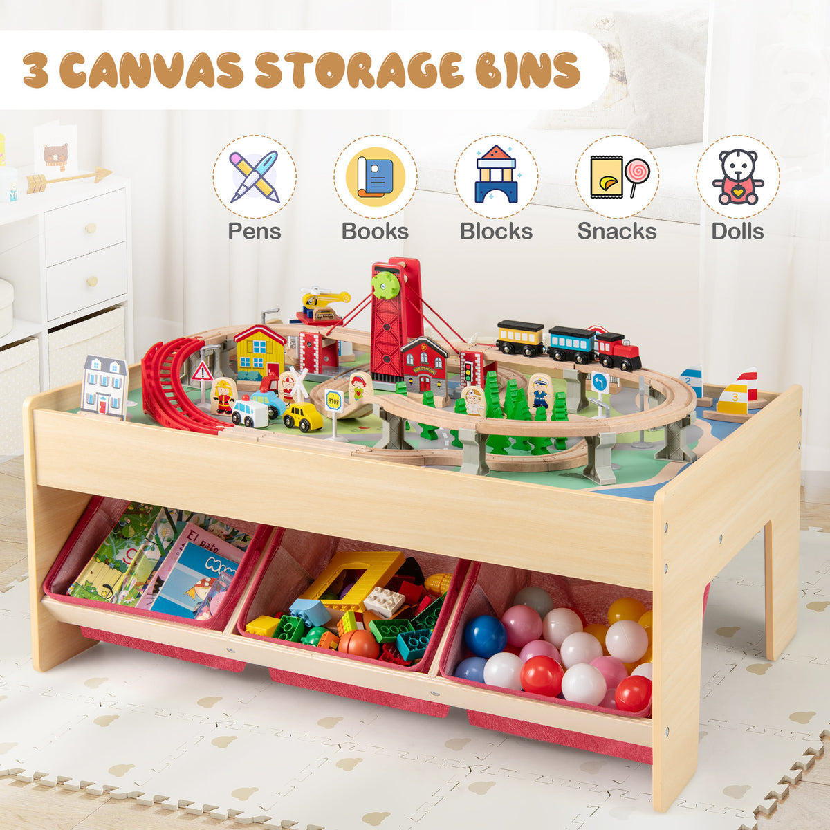 Wooden Train Set Table Kids Multipurpose Activity Play Table with 2 Reversible Tabletops