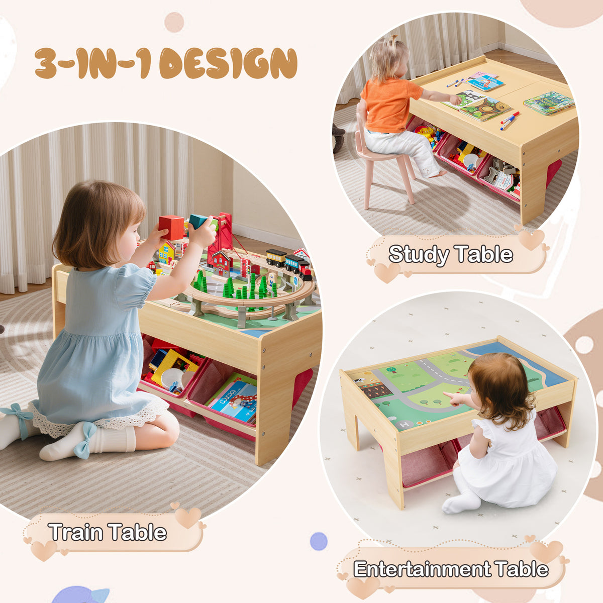 Wooden Train Set Table Kids Multipurpose Activity Play Table with 2 Reversible Tabletops