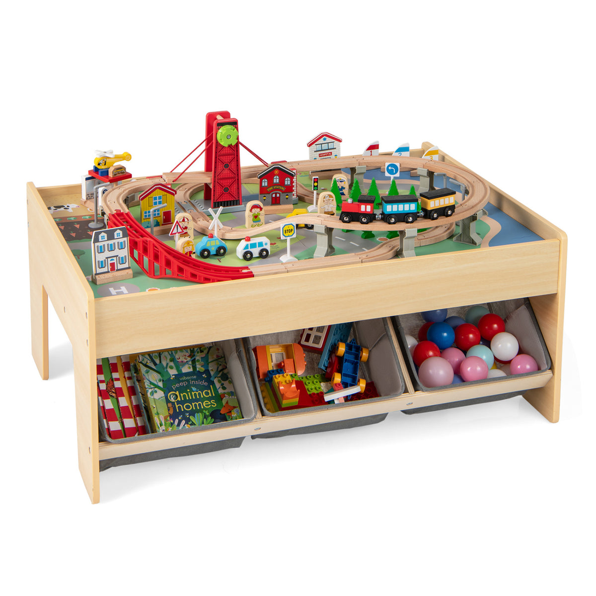 Wooden Train Set Table Kids Multipurpose Activity Play Table with 2 Reversible Tabletops