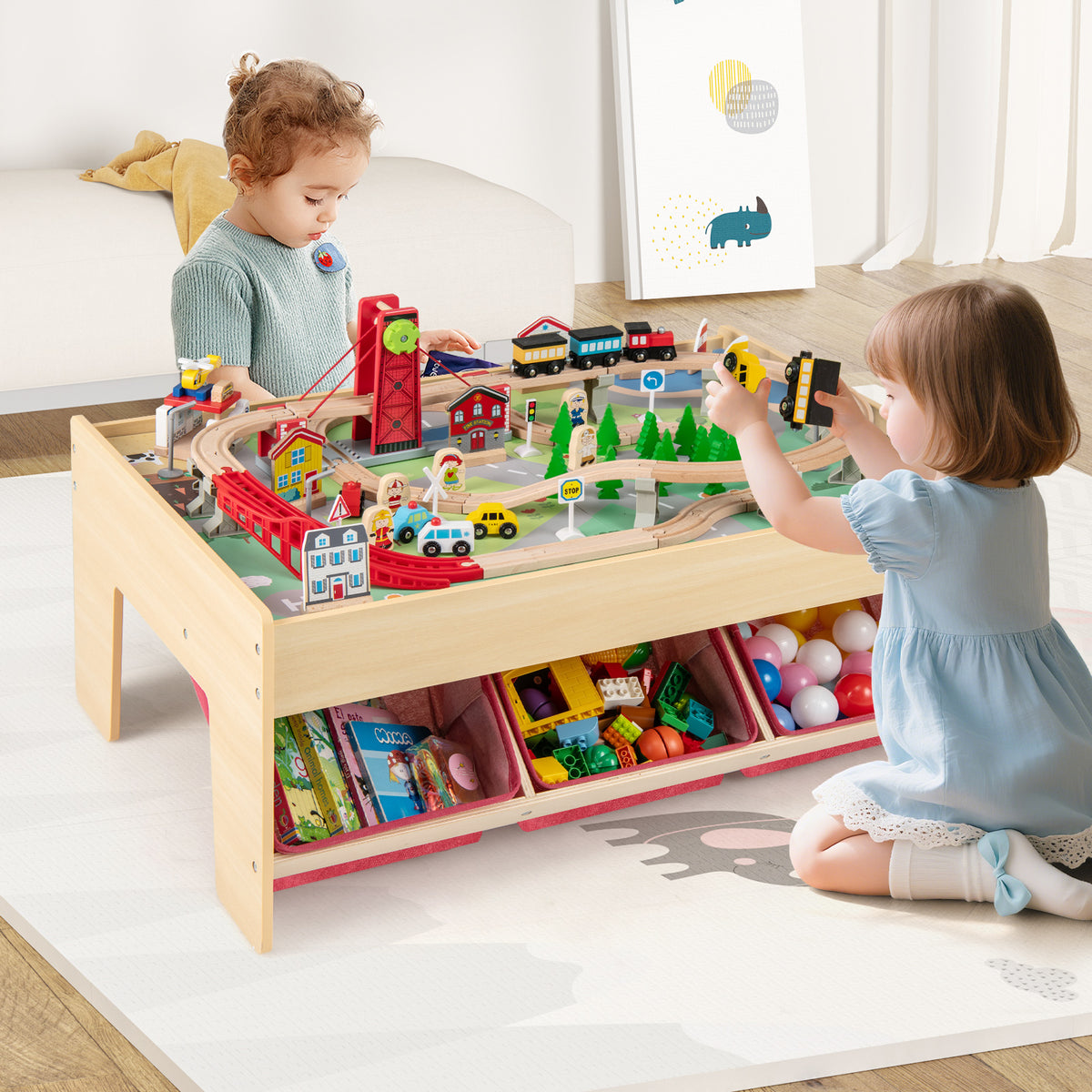 Wooden Train Set Table Kids Multipurpose Activity Play Table with 2 Reversible Tabletops