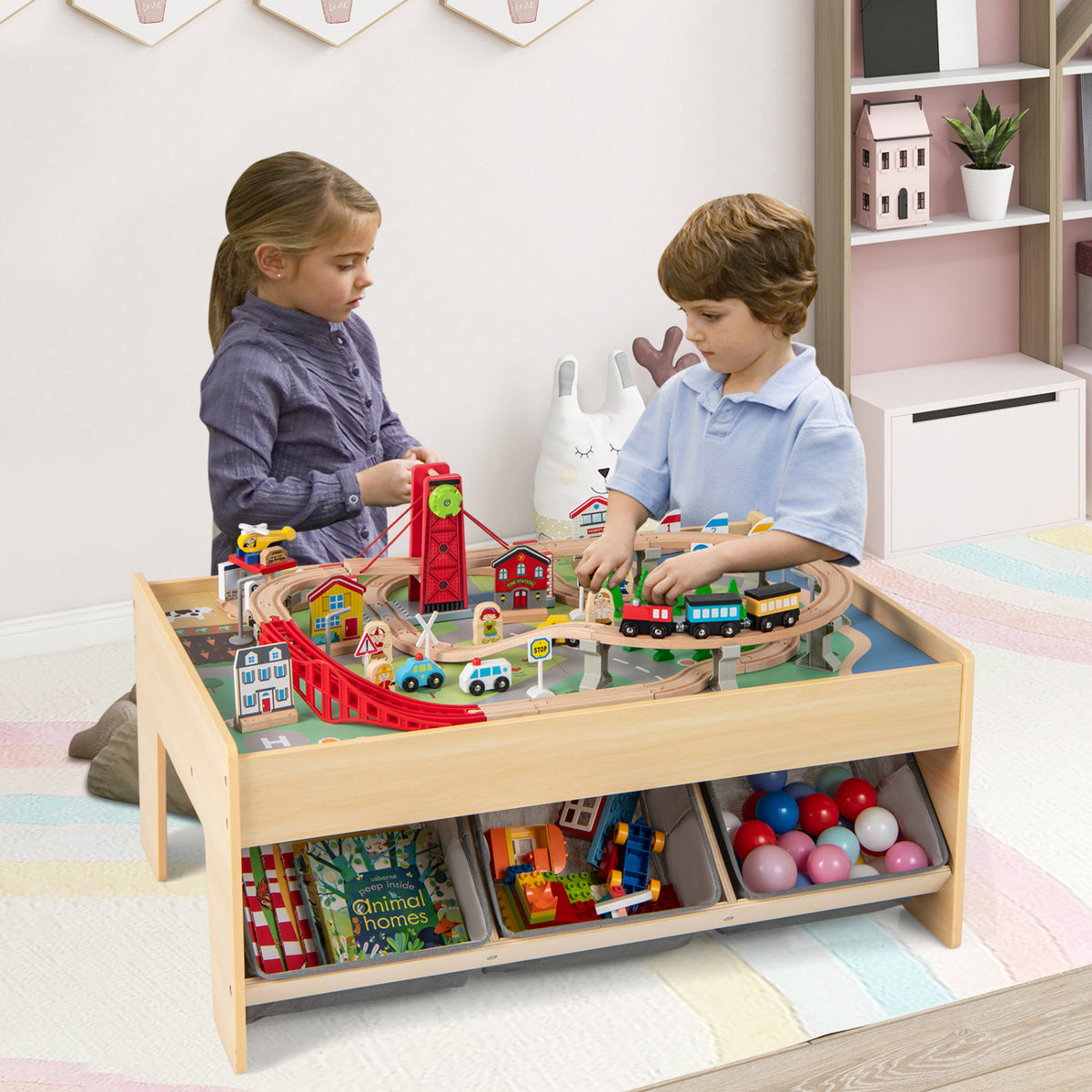 Wooden Train Set Table Kids Multipurpose Activity Play Table with 2 Reversible Tabletops