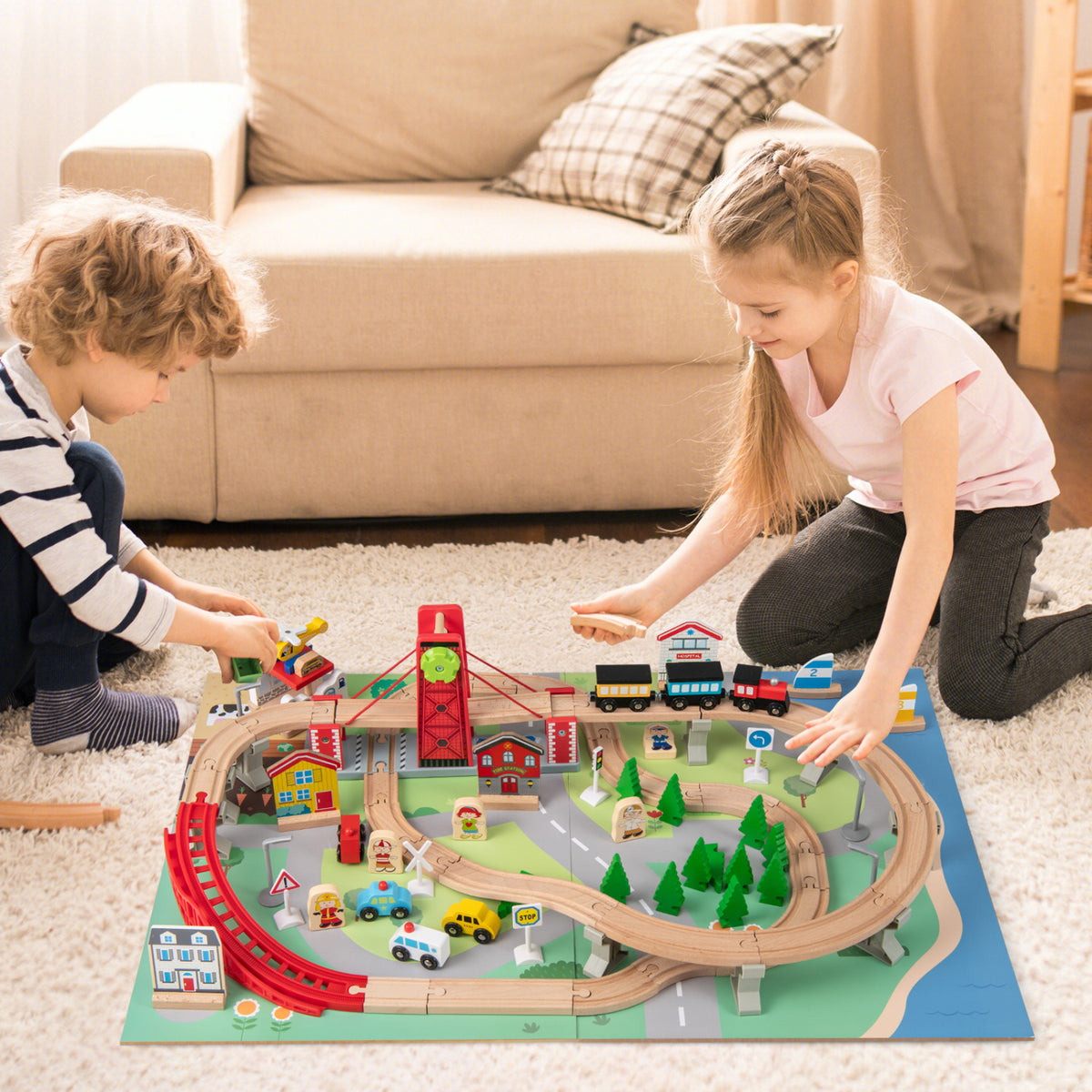Wooden Train Set Table Kids Multipurpose Activity Play Table with 2 Reversible Tabletops