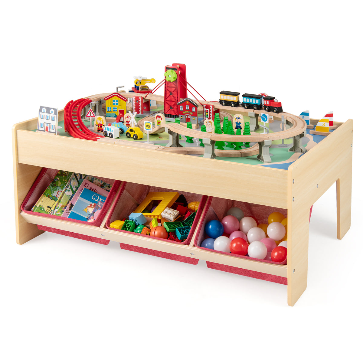Wooden Train Set Table Kids Multipurpose Activity Play Table with 2 Reversible Tabletops