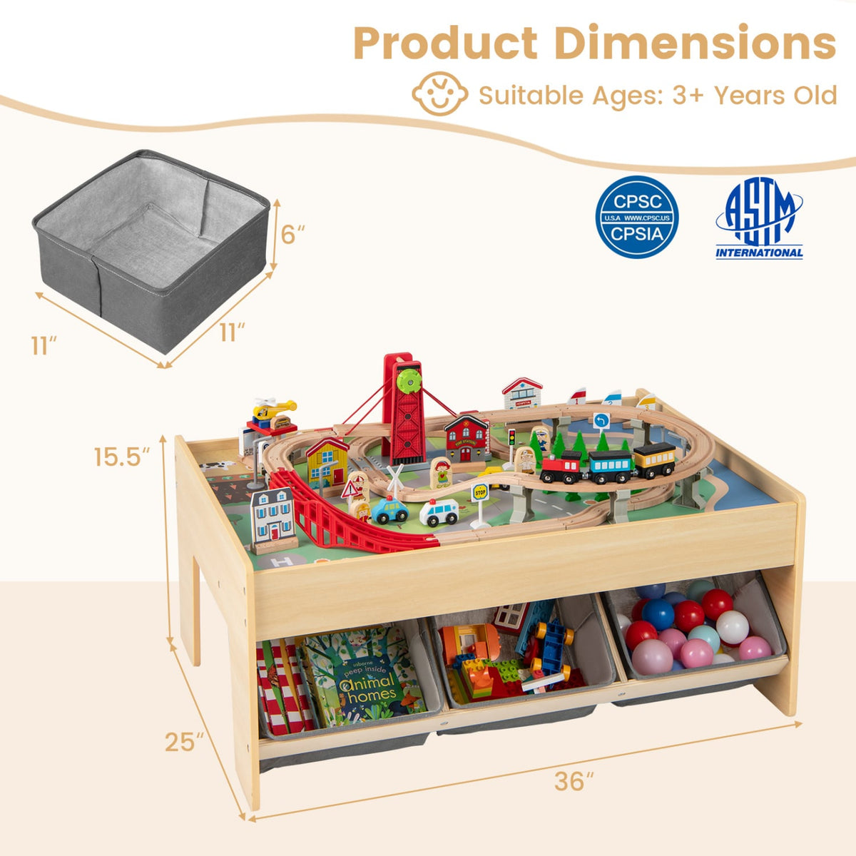 Wooden Train Set Table Kids Multipurpose Activity Play Table with 2 Reversible Tabletops