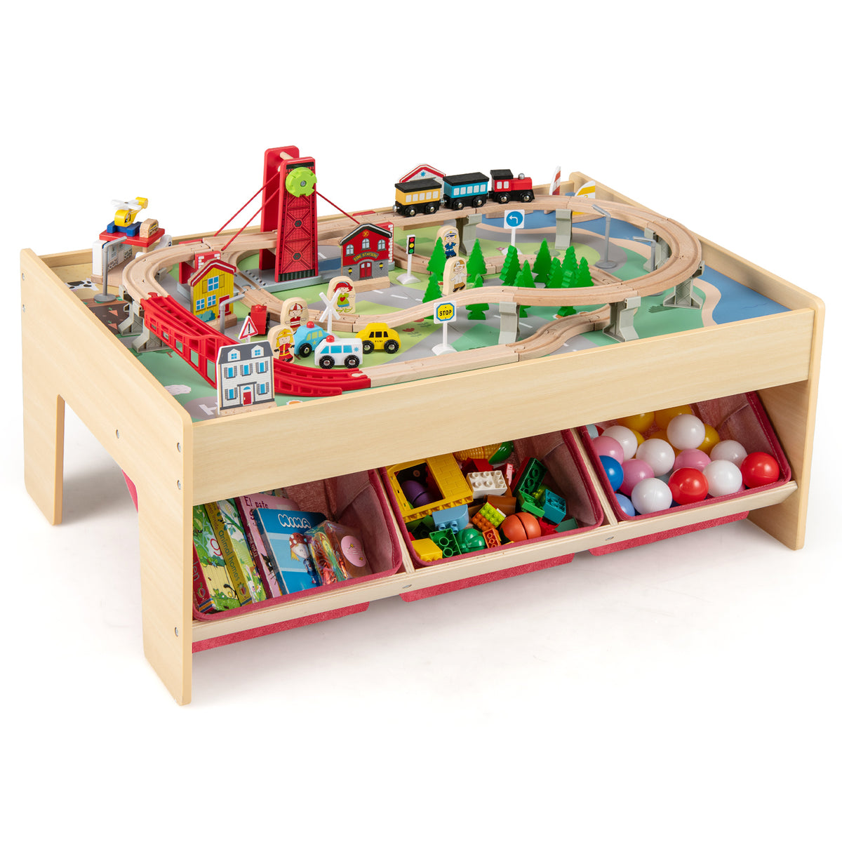 Wooden Train Set Table Kids Multipurpose Activity Play Table with 2 Reversible Tabletops