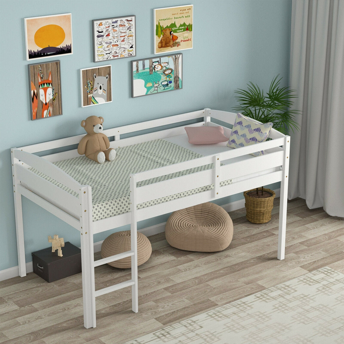 Wooden Twin Low Loft Bunk Bed with Guard Rail and Ladder-Bunk Bed Frame-DECOROLALA