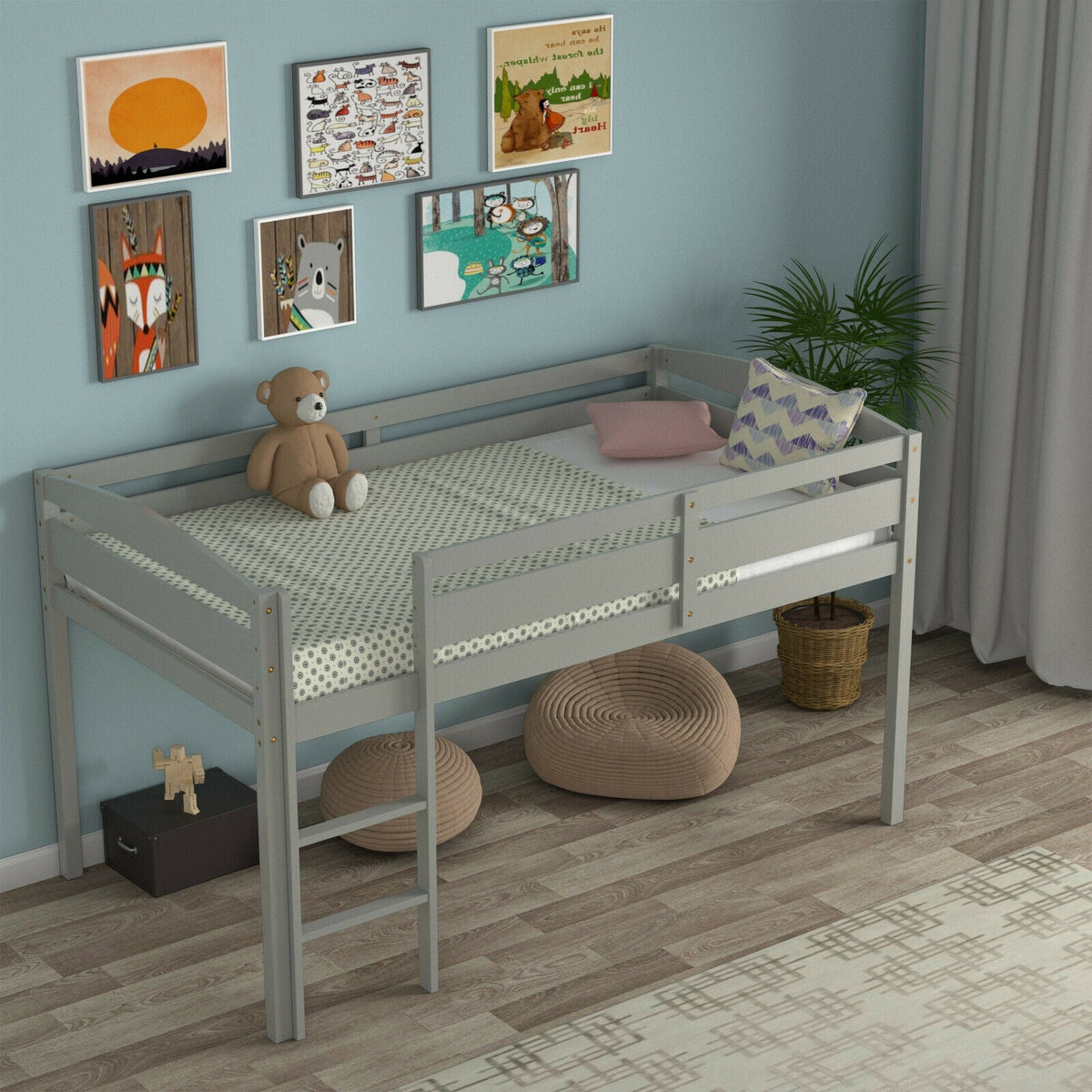 Wooden Twin Low Loft Bunk Bed with Guard Rail and Ladder-Bunk Bed Frame-DECOROLALA