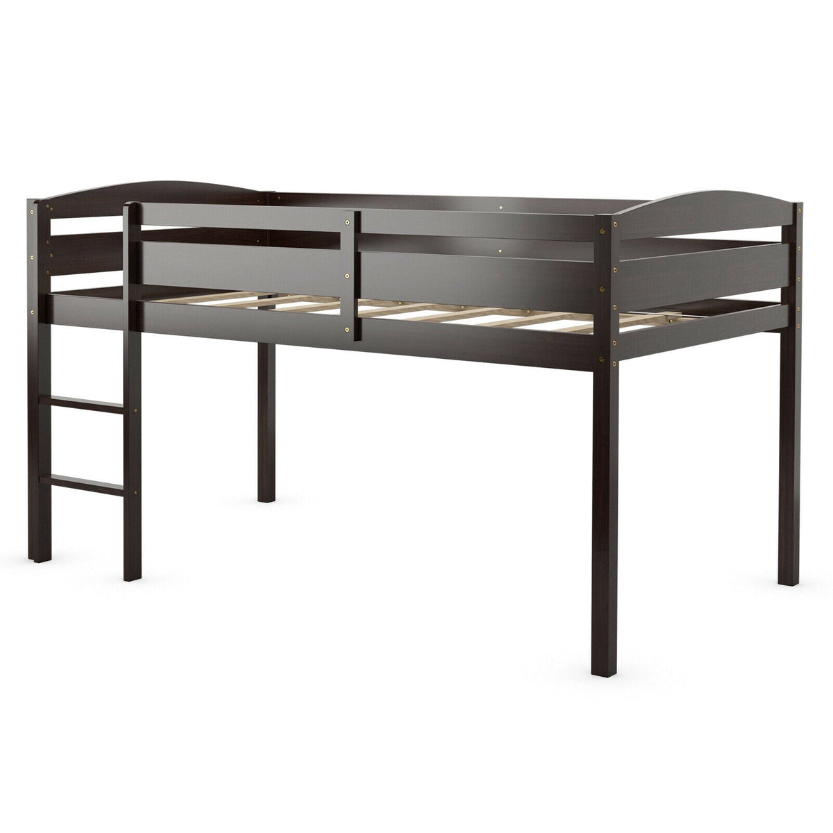 Wooden Twin Low Loft Bunk Bed with Guard Rail and Ladder-Bunk Bed Frame-DECOROLALA