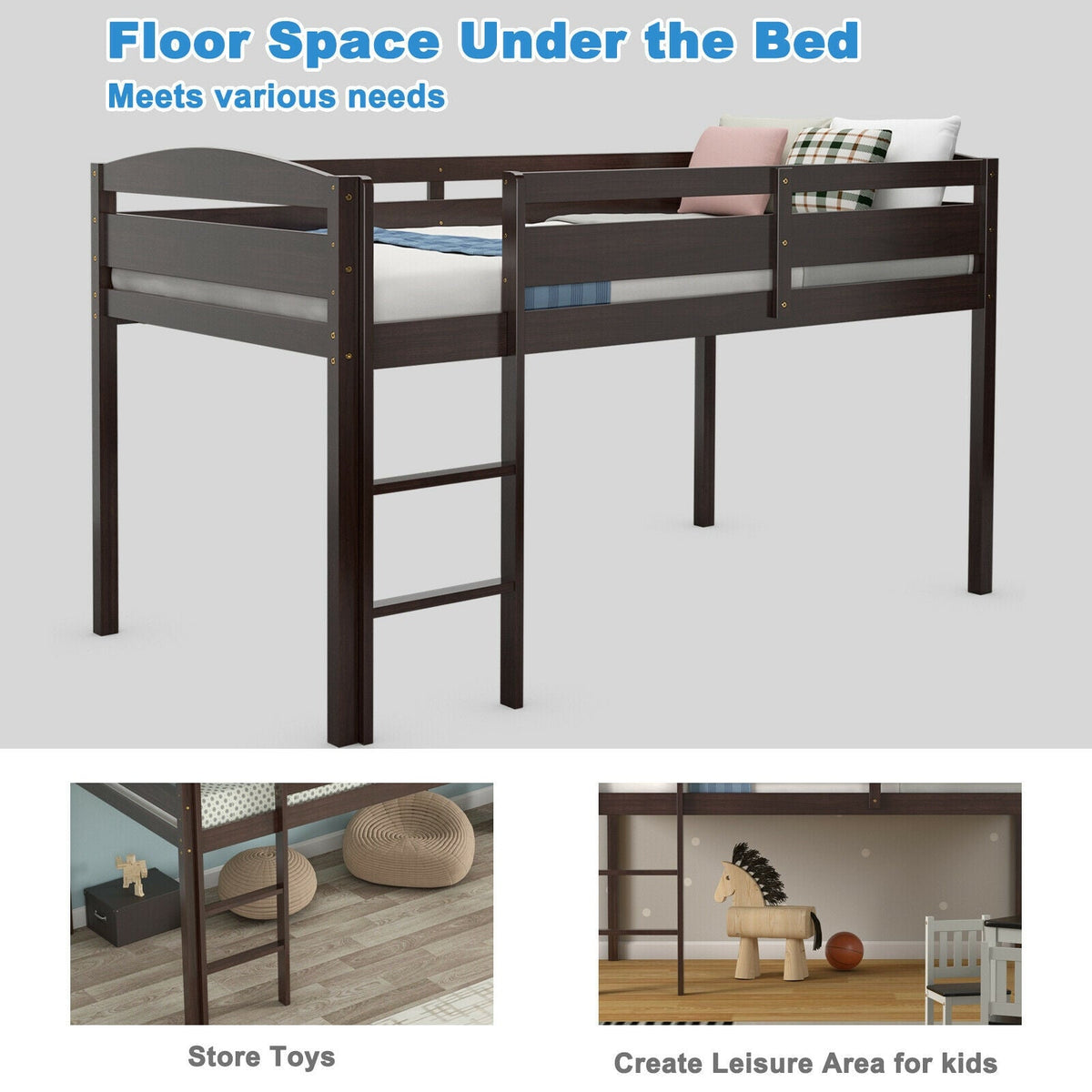 Wooden Twin Low Loft Bunk Bed with Guard Rail and Ladder-Bunk Bed Frame-DECOROLALA