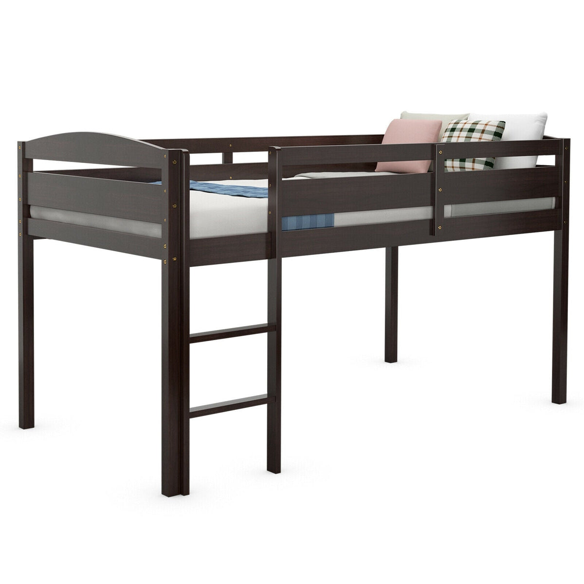 Wooden Twin Low Loft Bunk Bed with Guard Rail and Ladder-Bunk Bed Frame-DECOROLALA