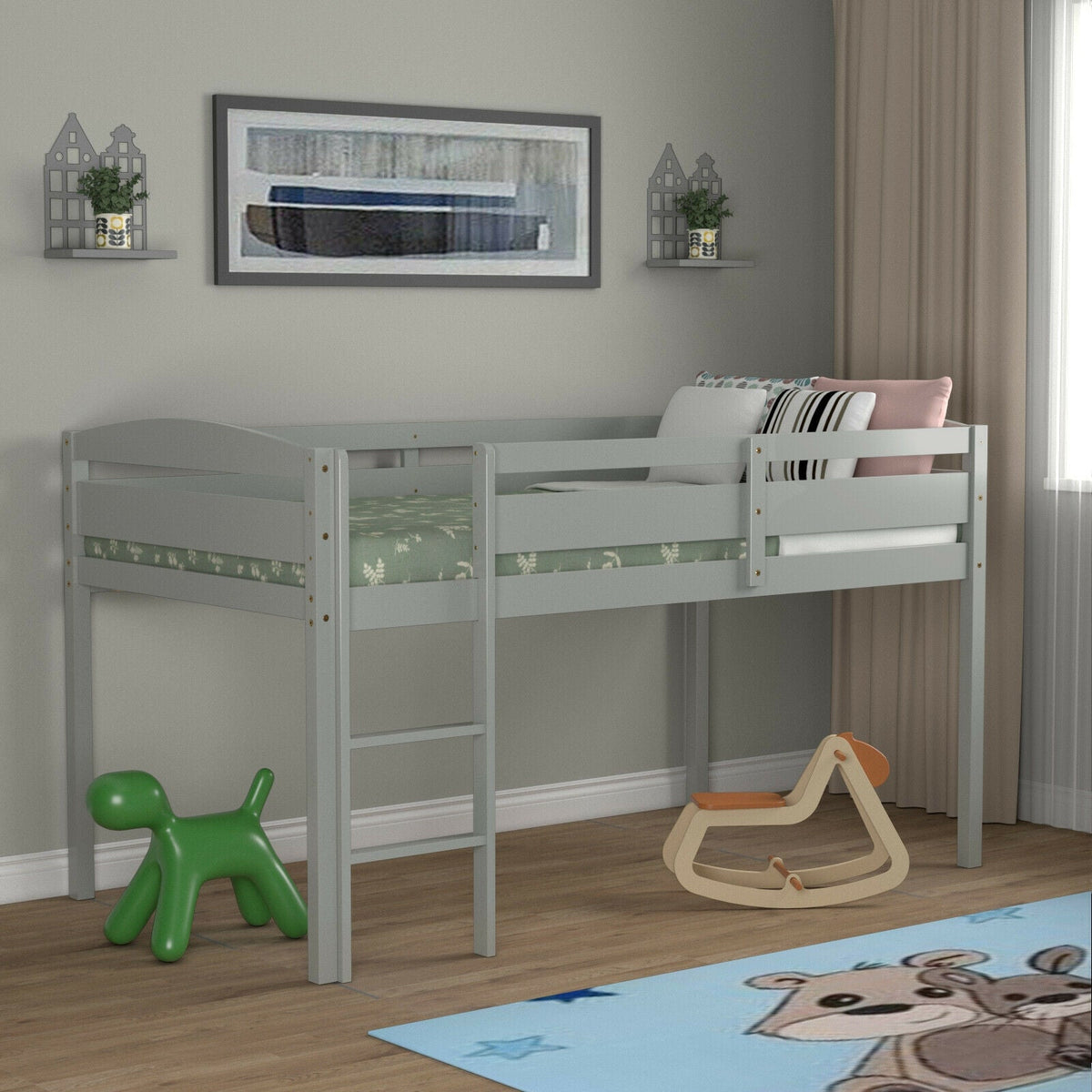 Wooden Twin Low Loft Bunk Bed with Guard Rail and Ladder-Bunk Bed Frame-DECOROLALA