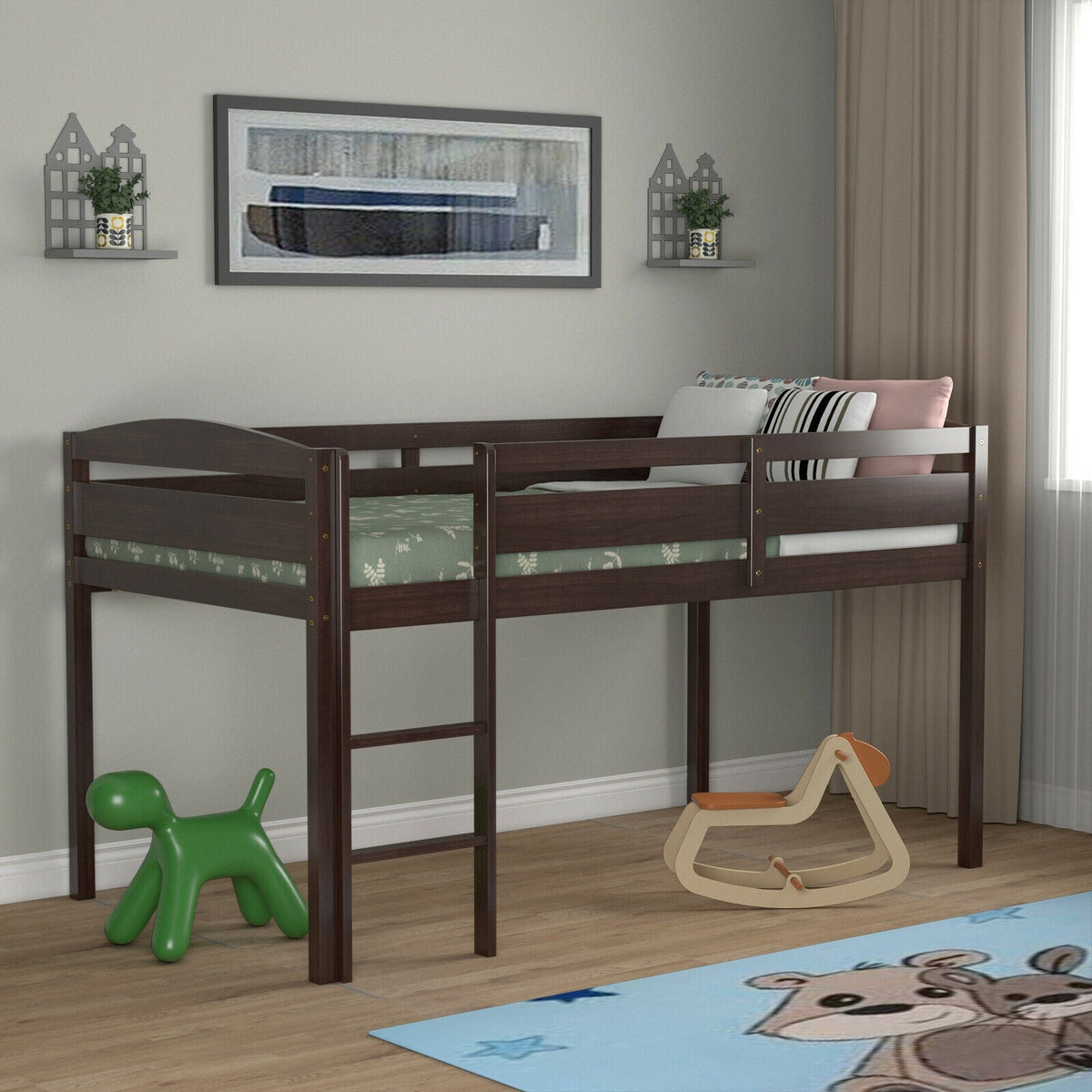 Wooden Twin Low Loft Bunk Bed with Guard Rail and Ladder-Bunk Bed Frame-DECOROLALA