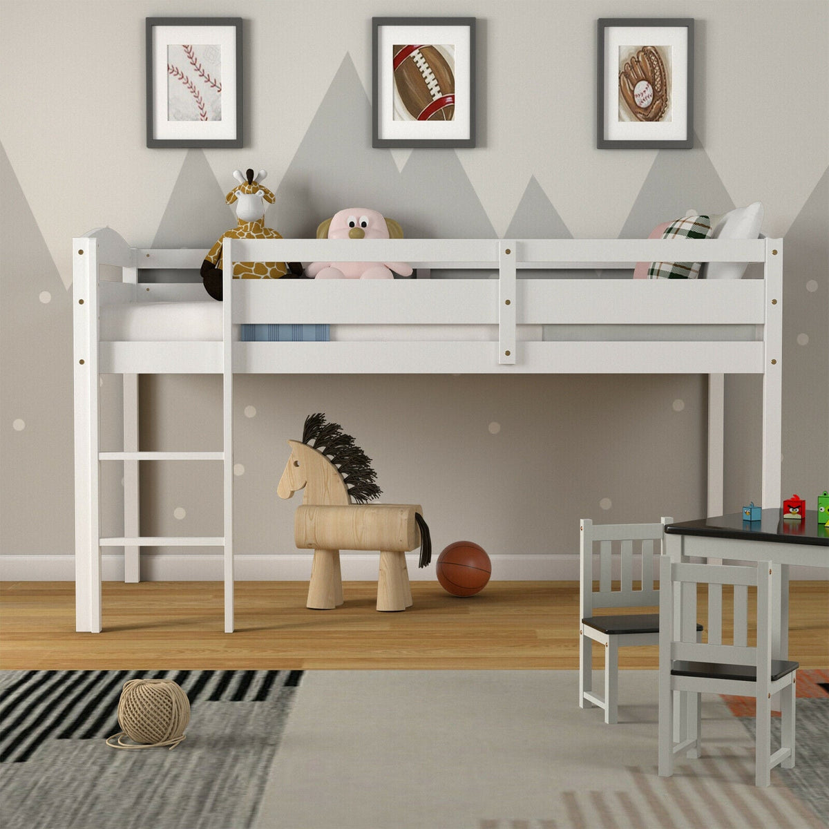 Wooden Twin Low Loft Bunk Bed with Guard Rail and Ladder-Bunk Bed Frame-DECOROLALA