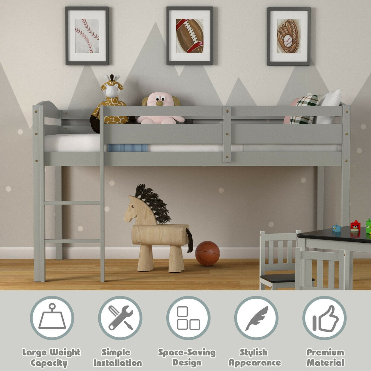 Wooden Twin Low Loft Bunk Bed with Guard Rail and Ladder-Bunk Bed Frame-DECOROLALA