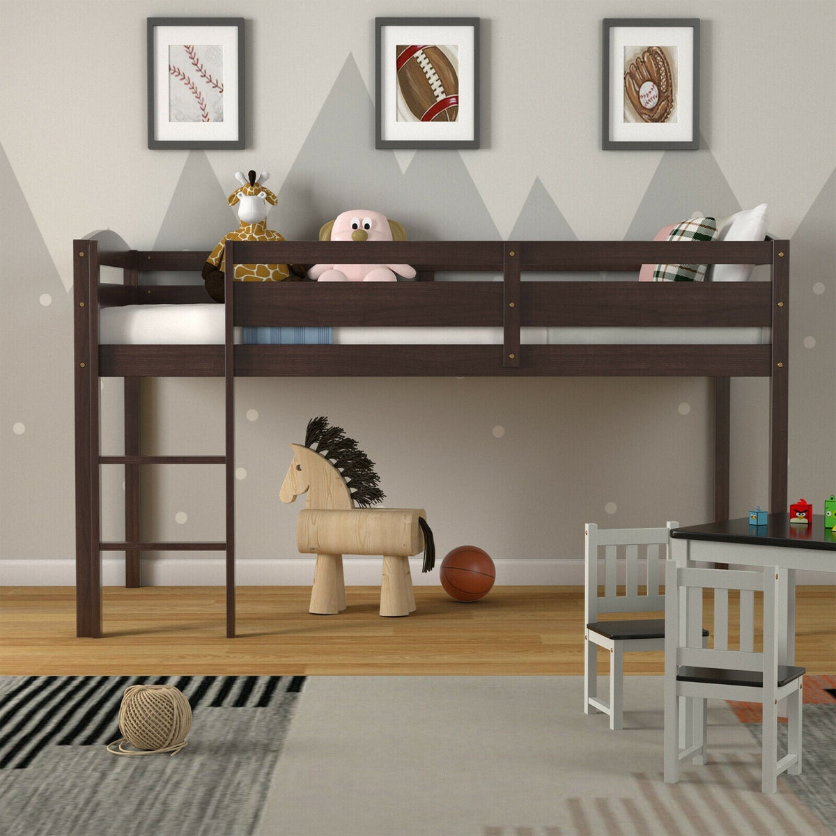 Wooden Twin Low Loft Bunk Bed with Guard Rail and Ladder-Bunk Bed Frame-DECOROLALA