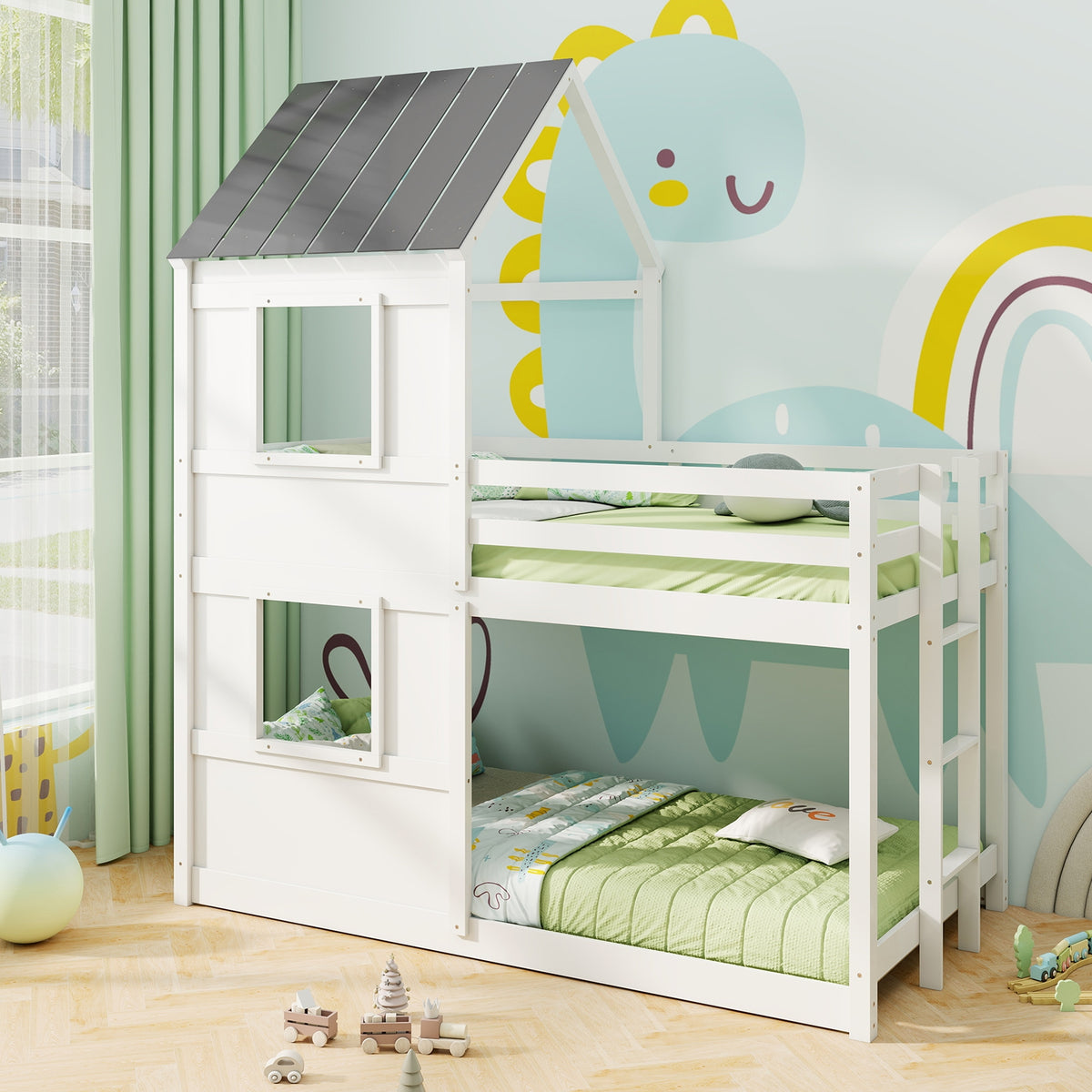 Wooden Twin Over Twin Bunk Bed with Full-length Safety Guardrail and Ladder-White and Gray-Toddler Beds-DECOROLALA